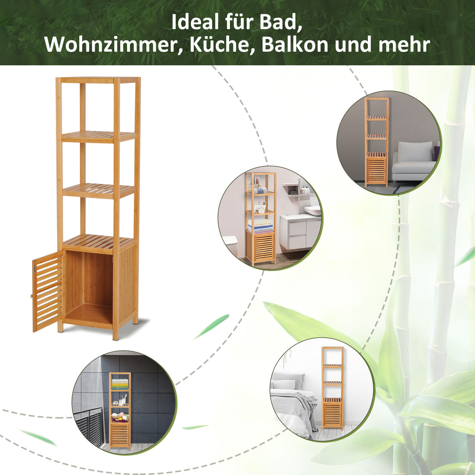 Regaleinheit aus Holz mit mehreren Fächern. Verschiedene Artikel werden darin angezeigt. Bambushintergrund.