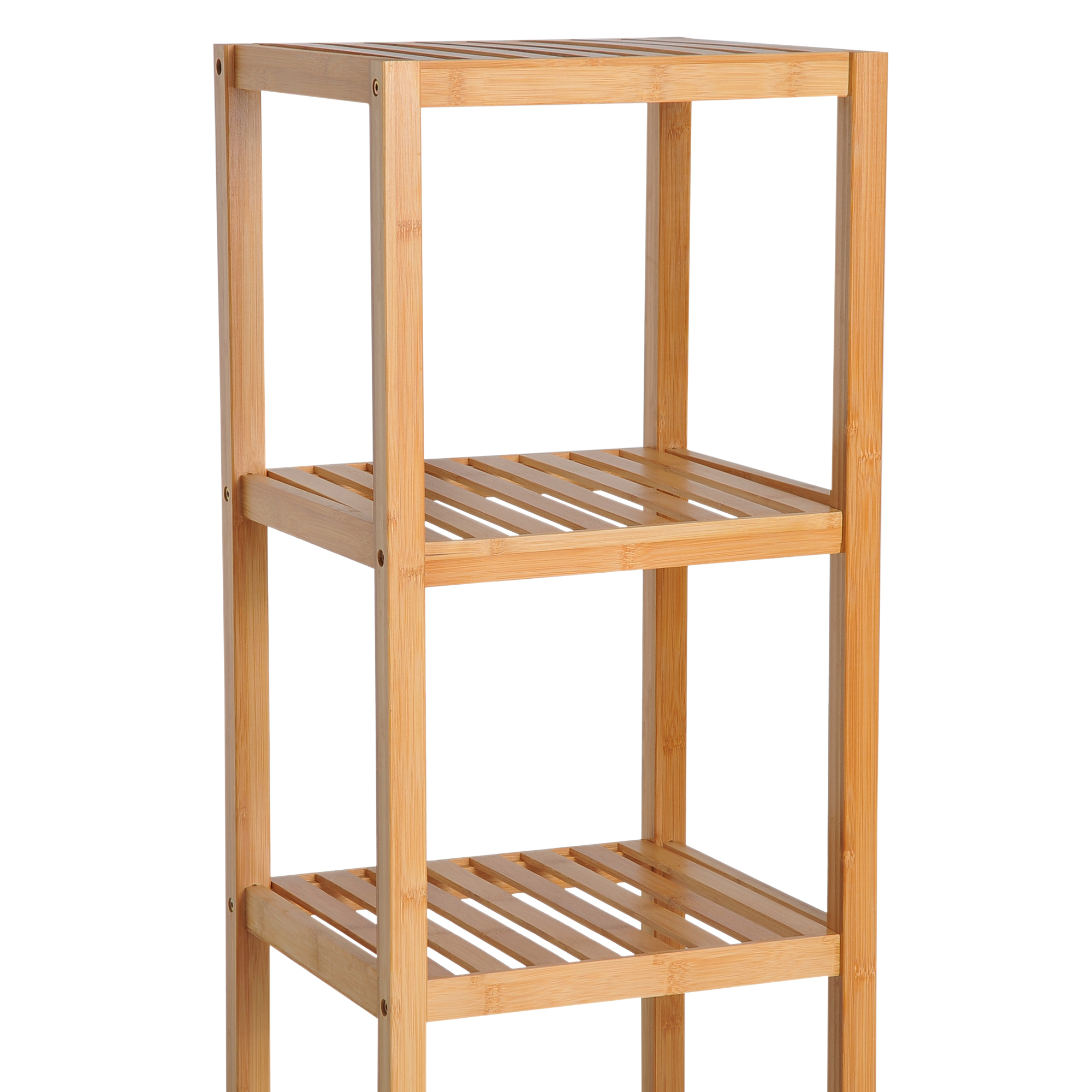 Holzregal mit drei Ebenen, aus hellem Holz, mit Lamellen.