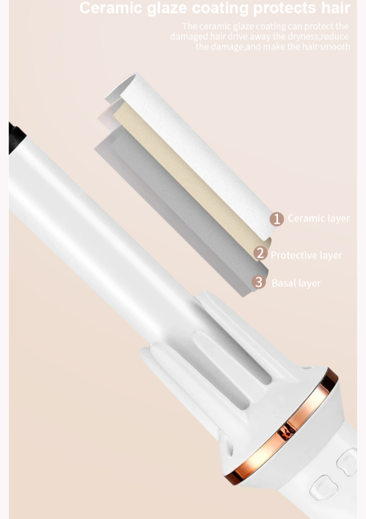 Haarstyler mit Keramik-, Schutz- und Basisschicht, auf hellem Hintergrund.
