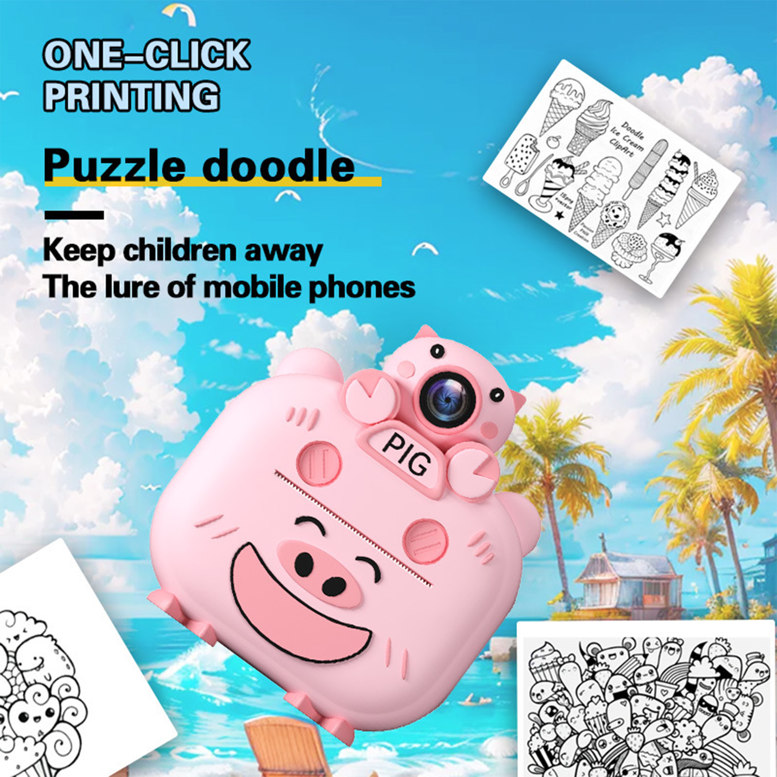 Rosa Kamera in Schweineform mit Zeichnungen und Text mit der Aufschrift 'ONE-CLICK PRINTING' und 'Puzzle doodle'.