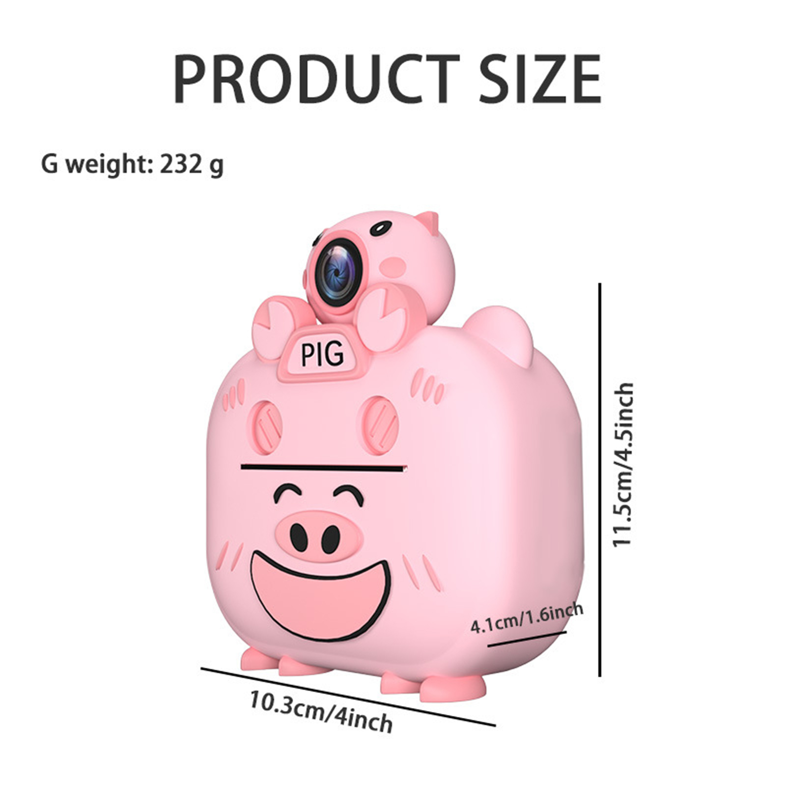 Rosa Produkt in Schweineform mit Kamera oben drauf. Text zeigt Abmessungen und Gewicht.