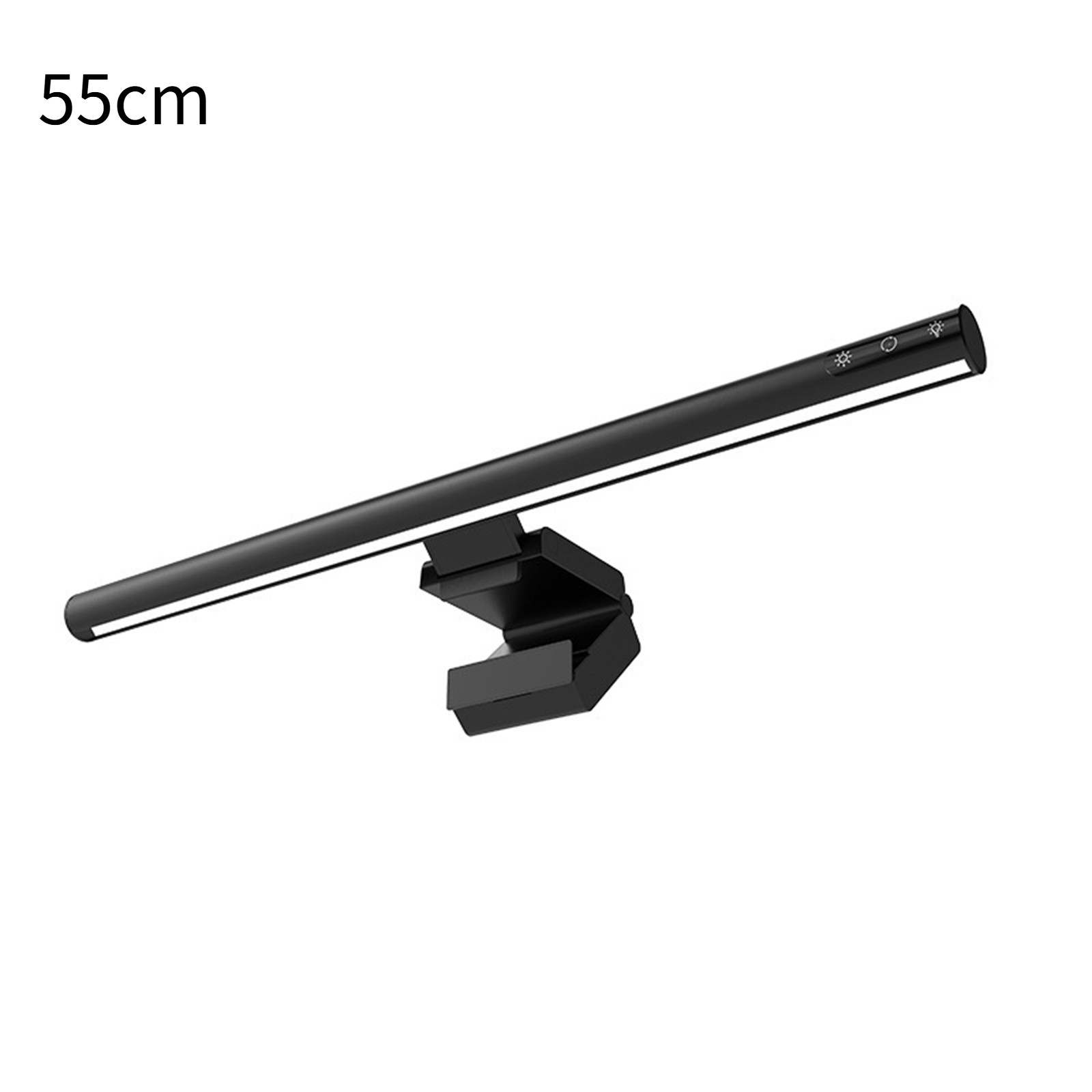 Eine schwarze LED-Lichtleiste, 55 cm lang, an einer schwarzen Halterung befestigt, mit Steuertasten.