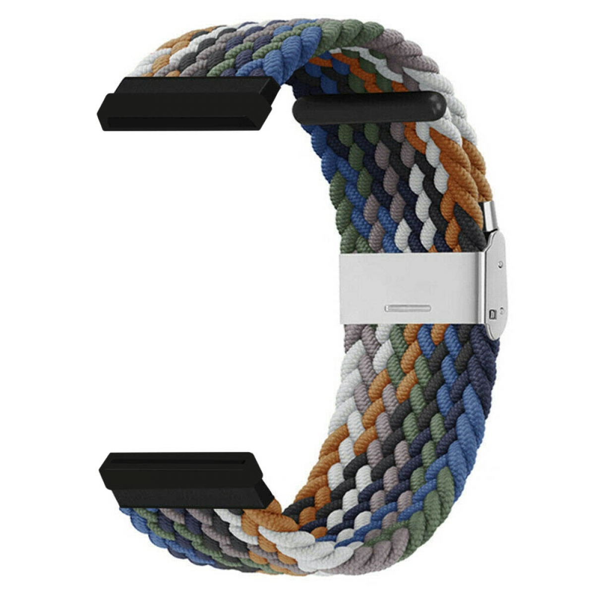 Geflochtenes Uhrenarmband in mehreren Farben, mit silberner Schnalle.