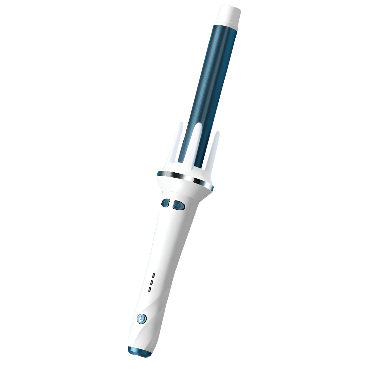 Weiß-blauer Lockenstab mit langem Griff und Lockenmechanismus.