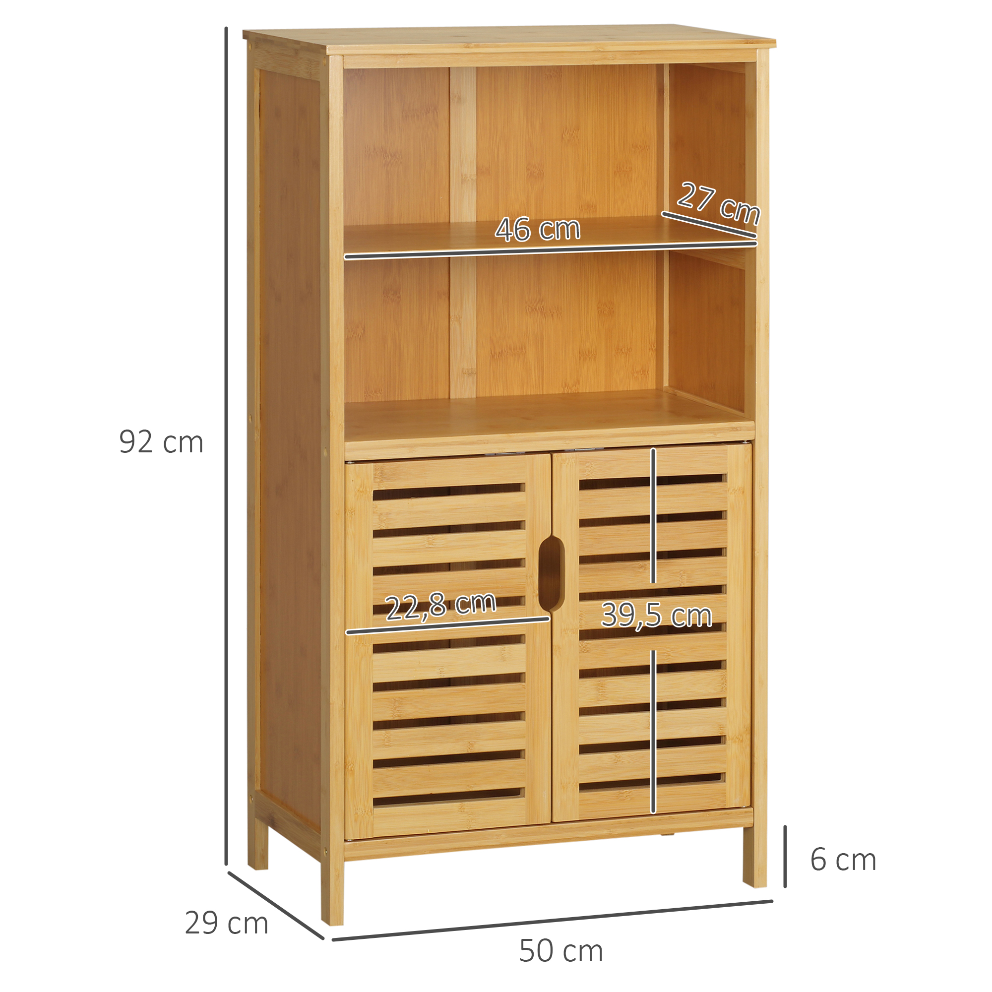 Holzschrank mit zwei Türen und offenen Regalen. Abmessungen sind angegeben. Hellbraune Farbe.