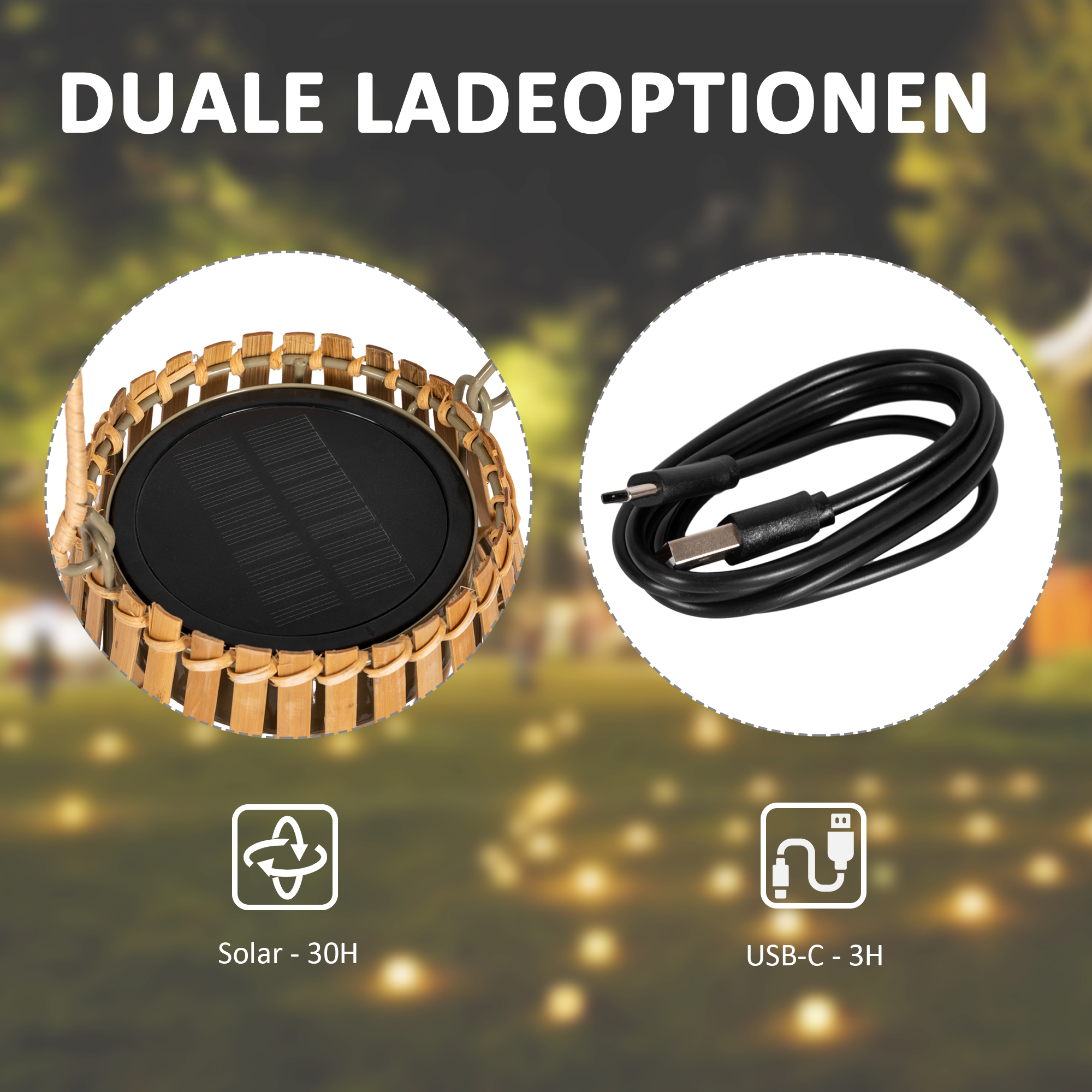 Solarbetriebene Lampe mit schwarzem Ladekabel. Der Hintergrund zeigt Lichter, Text ist auf Deutsch.