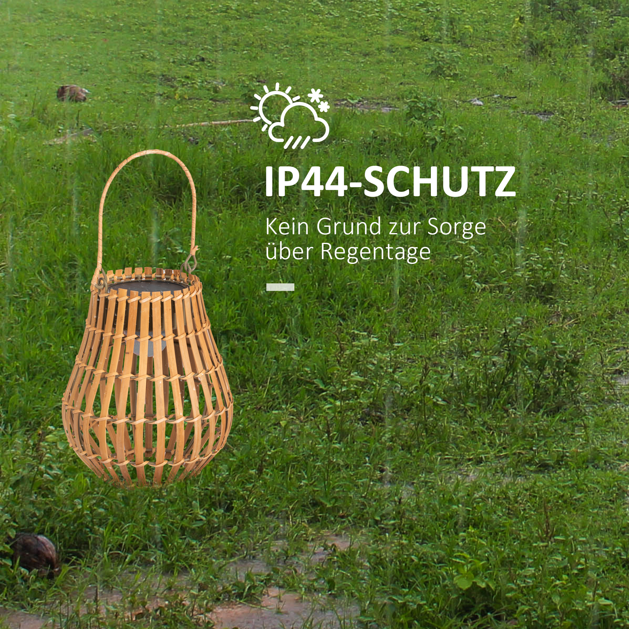 Geflochtene Bambuslaterne auf grüner Wiese mit IP44-Bewertung. Sonnenwetter-Symbol.