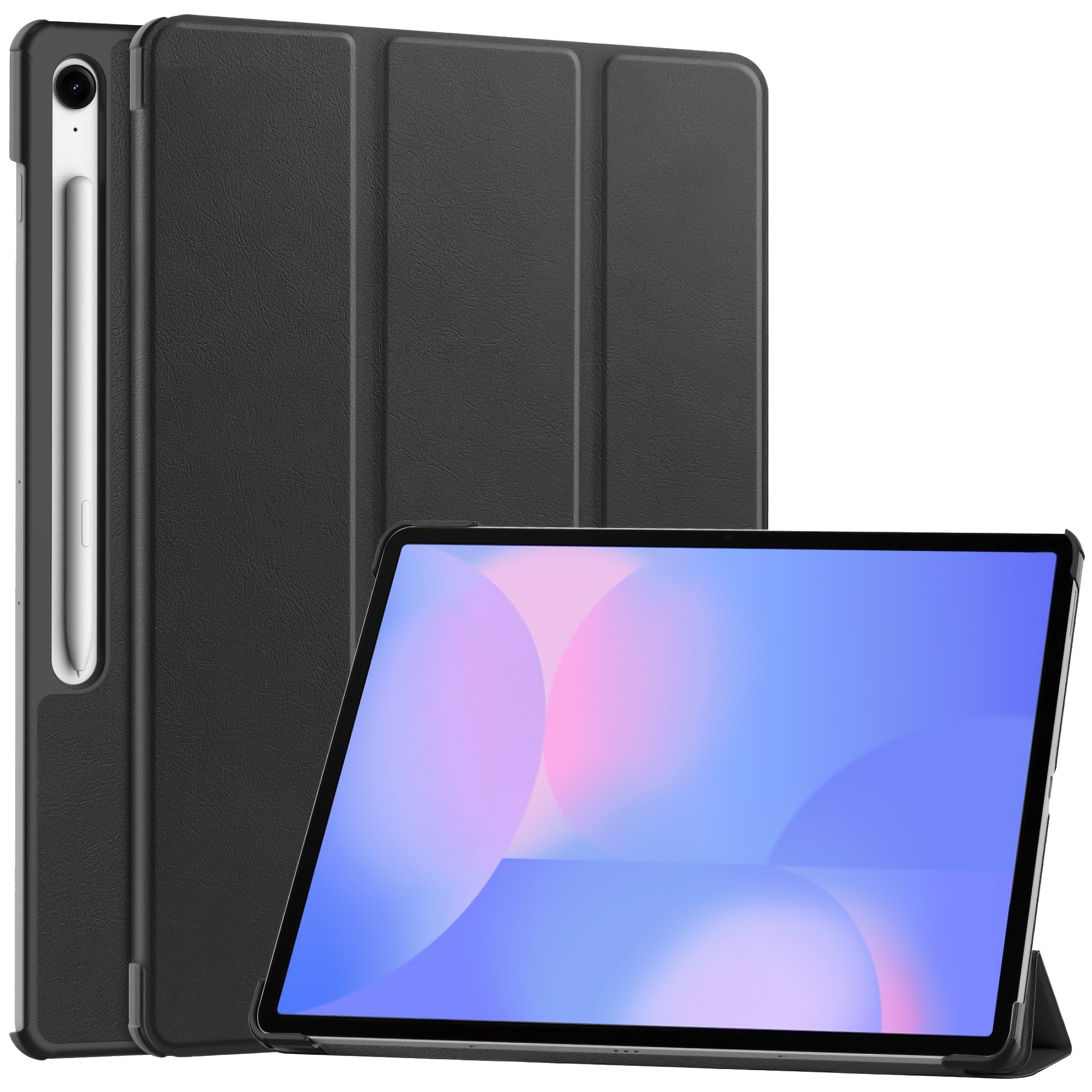Schwarze Tablethülle mit Tablet und Stift. Das Tablet hat einen bunten Bildschirm und ein Stift ist befestigt.