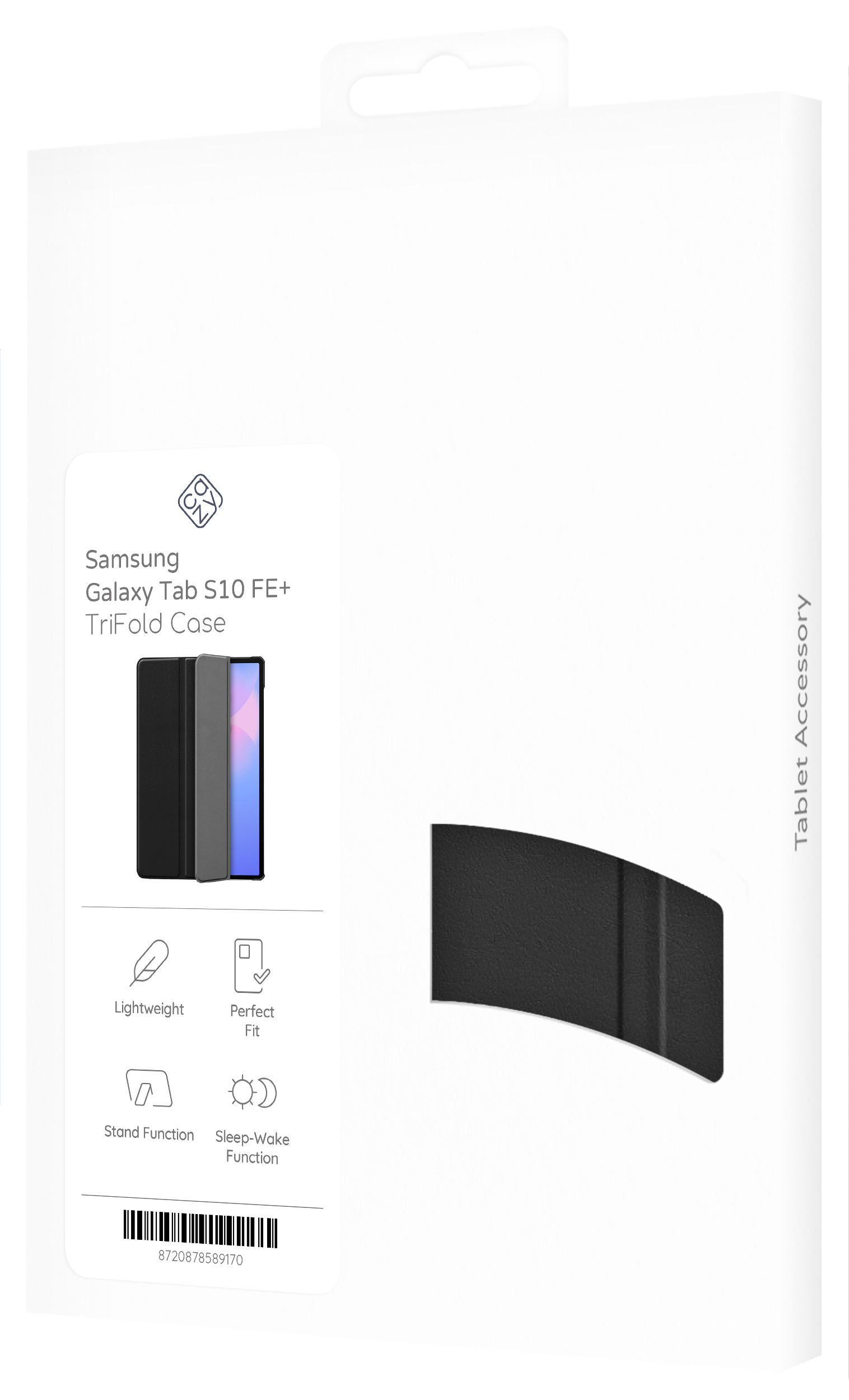 Weiße Box mit einer Samsung Galaxy Tab S10 FE+ Hülle, zeigt Funktionen und Design.