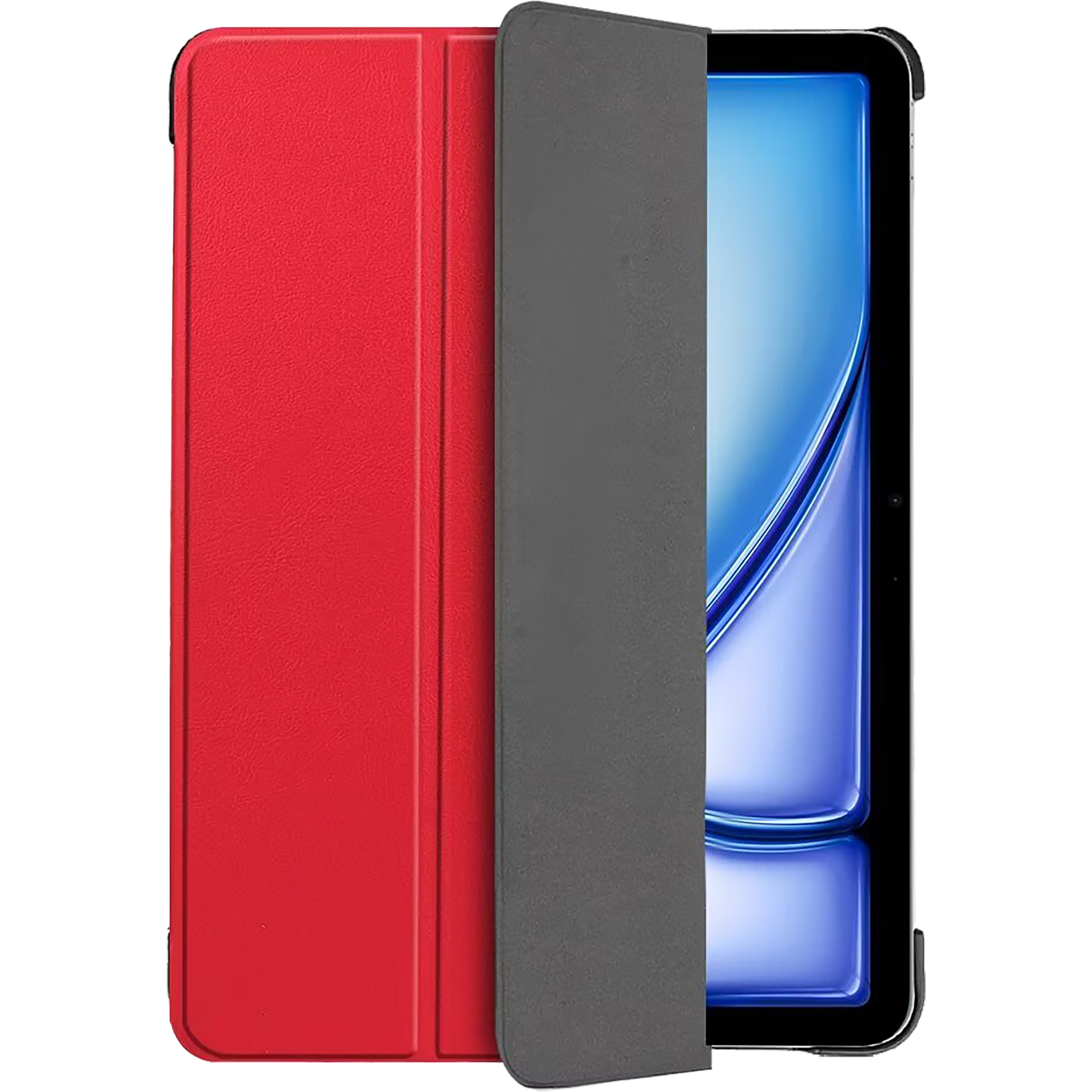 Eine rote Tablet-Hülle mit schwarzem Rahmen. Der Tablet-Bildschirm ist sichtbar.