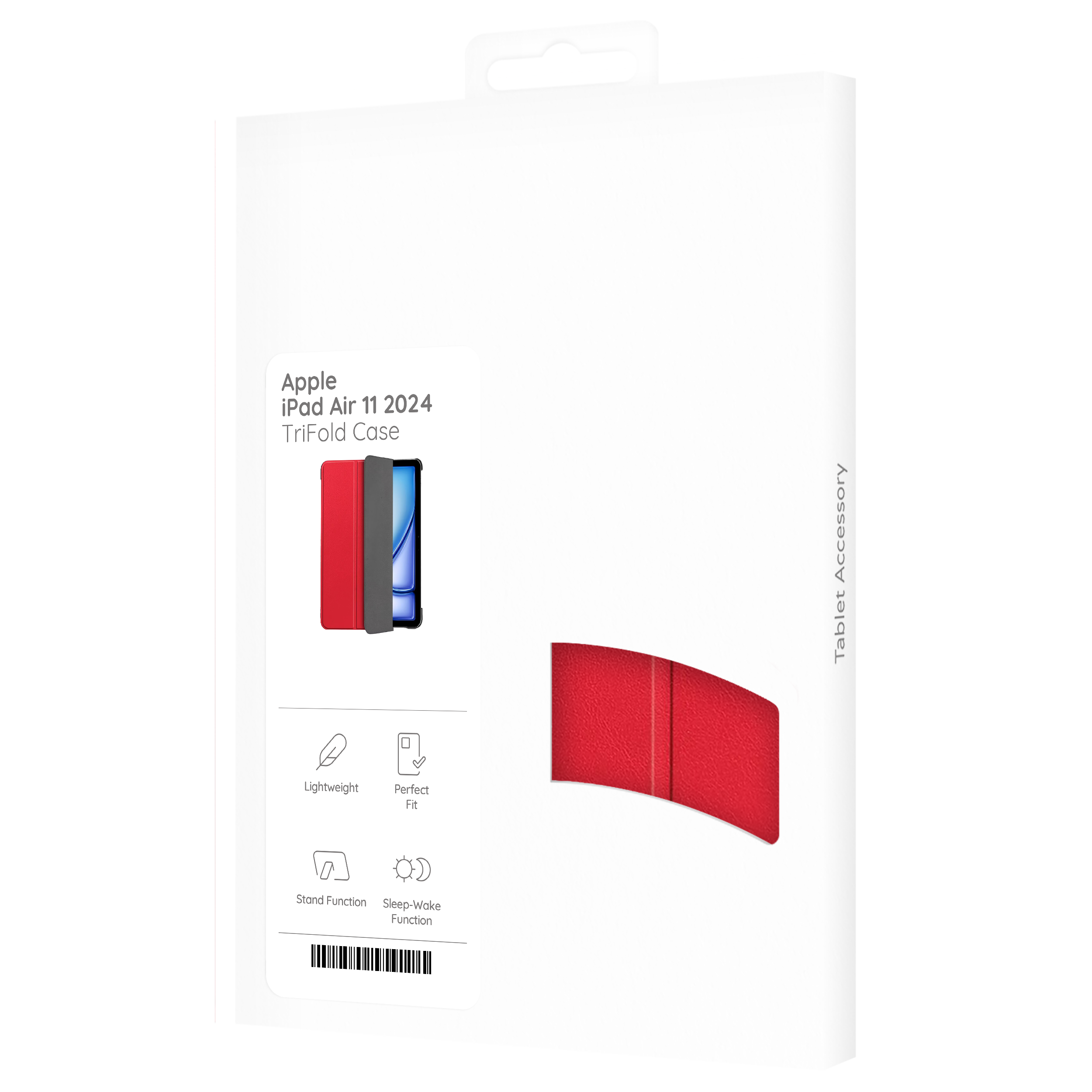 Weiße Box mit Apple iPad Air 11 Hülle, roter Bezug. Tablet-Zubehör.