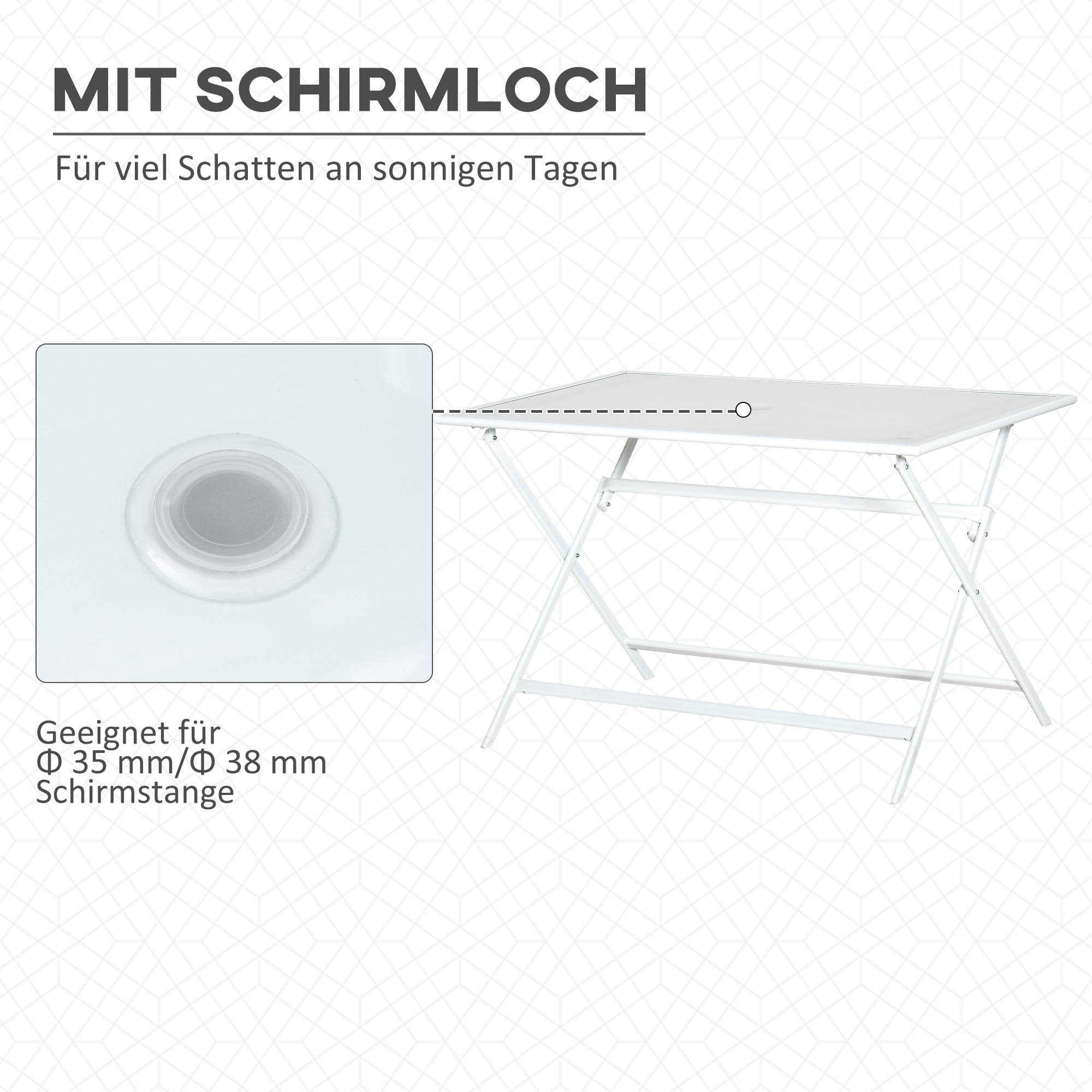 Ein weißer Klapptisch mit einem Loch in der Mitte. Der Text lautet: Für viel Schatten an sonnigen Tagen.