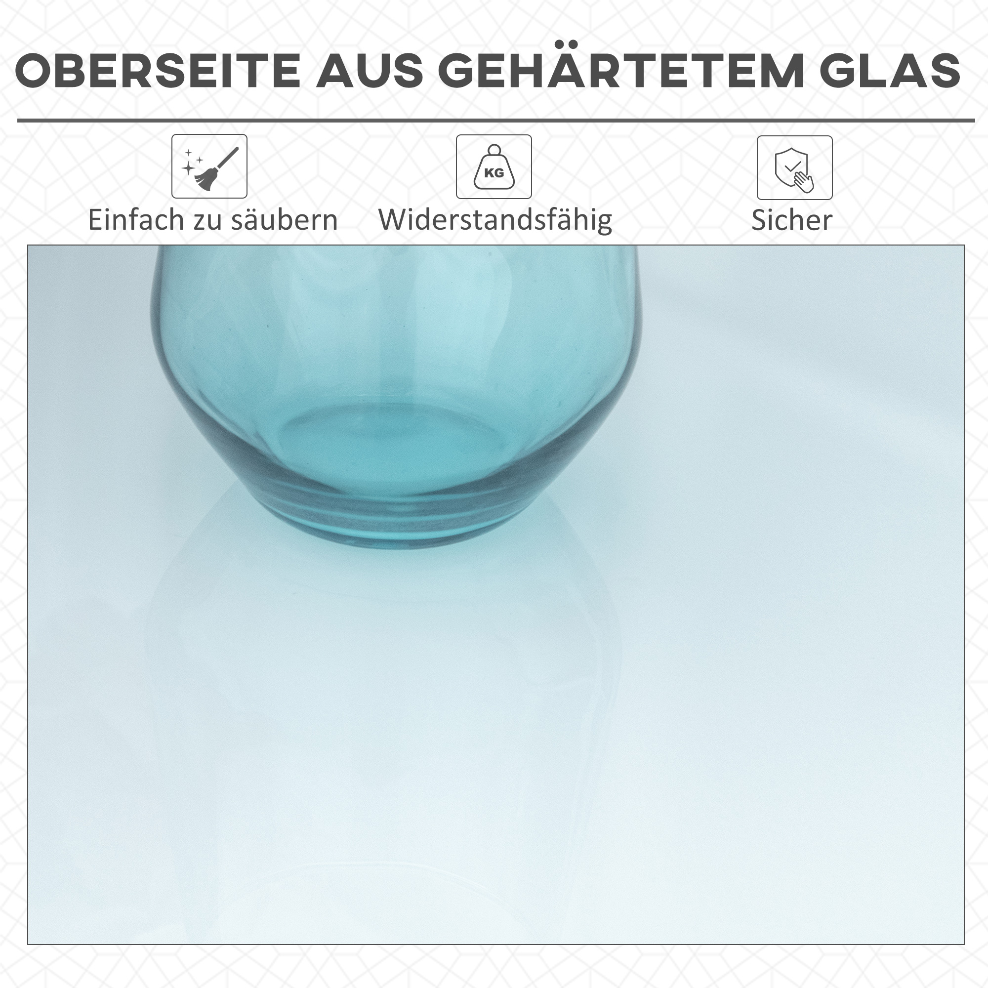 Blaue Glasvase auf weißer Oberfläche. Text oben: "Oberseite aus gehärtetem Glas".