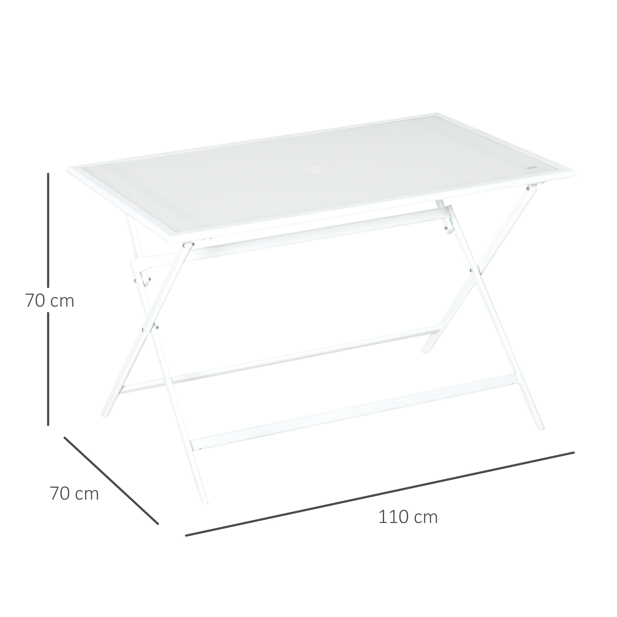 Weißer Klapptisch. Abmessungen sind 70 cm x 70 cm x 110 cm. Weißer Hintergrund.