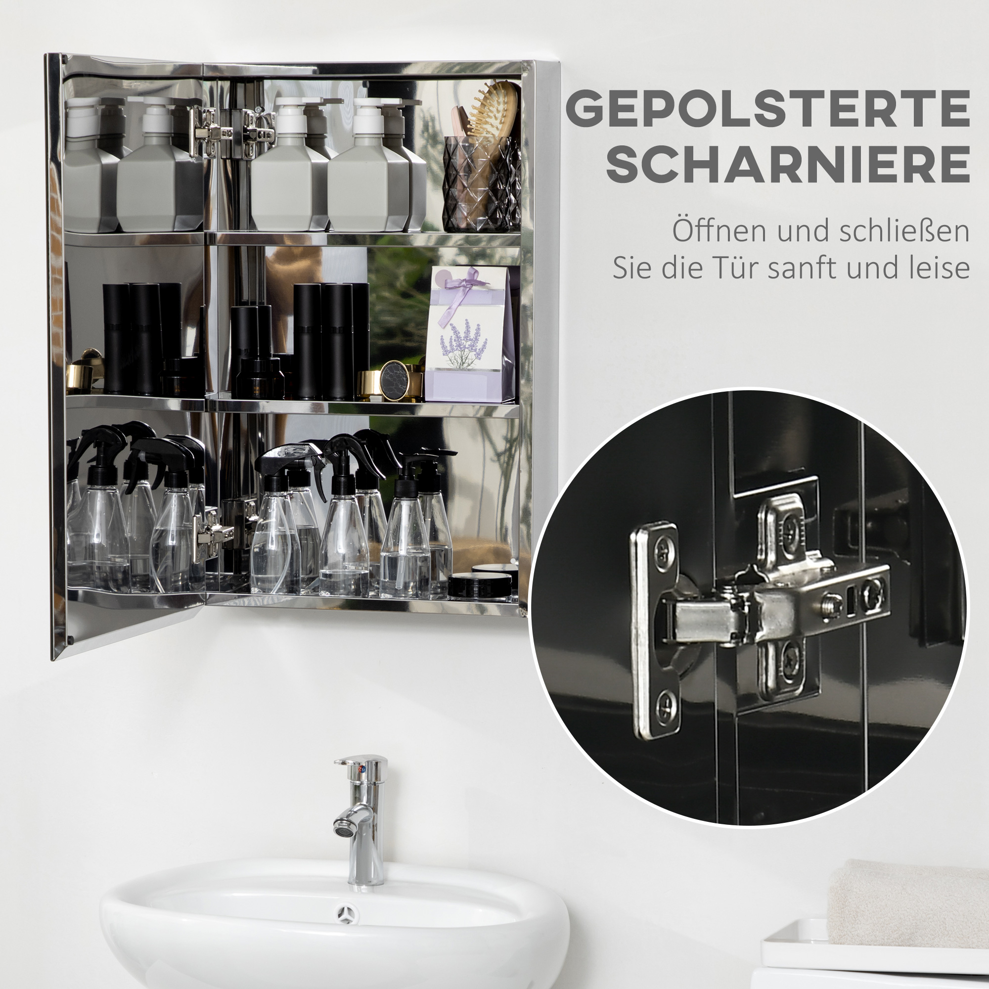 Silberner Badezimmerschrank mit offener Tür, die Toilettenartikel zeigt. Text: 'GEPOLSTERTE SCHARNIERE'.