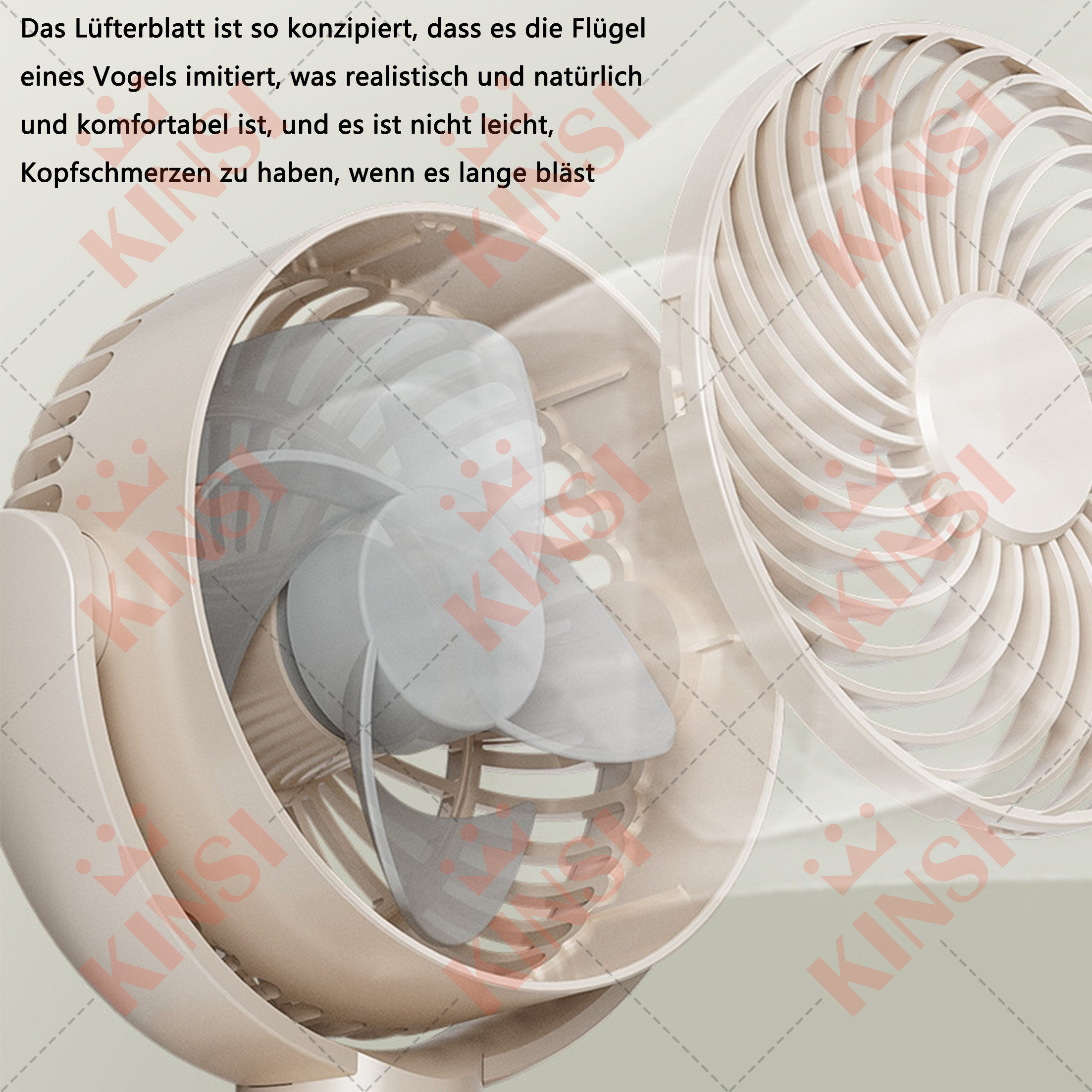 Ein Ventilator mit drei Flügeln. Text darüber, wie die Flügel Vogelflügel imitieren.
