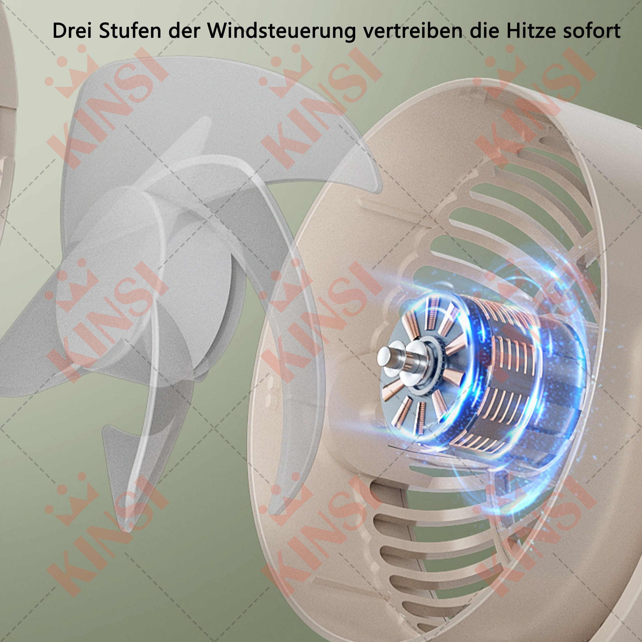 Ein Ventilator mit drei transparenten Flügeln und einem Motor, mit Text im Hintergrund auf hellgrünem Hintergrund.