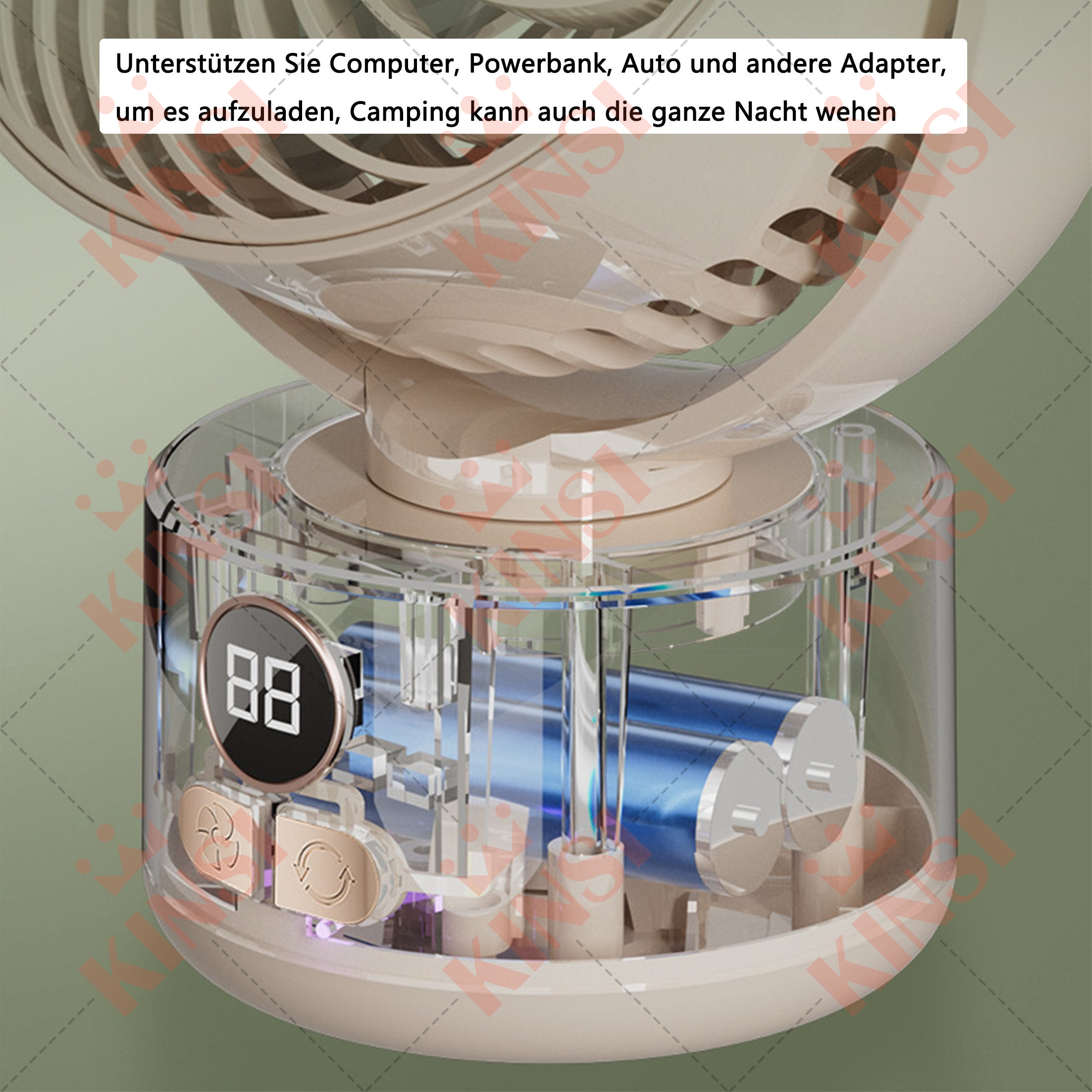 Ein kleiner Ventilator, der interne Komponenten zeigt. Er hat eine digitale Anzeige und einen Akku.