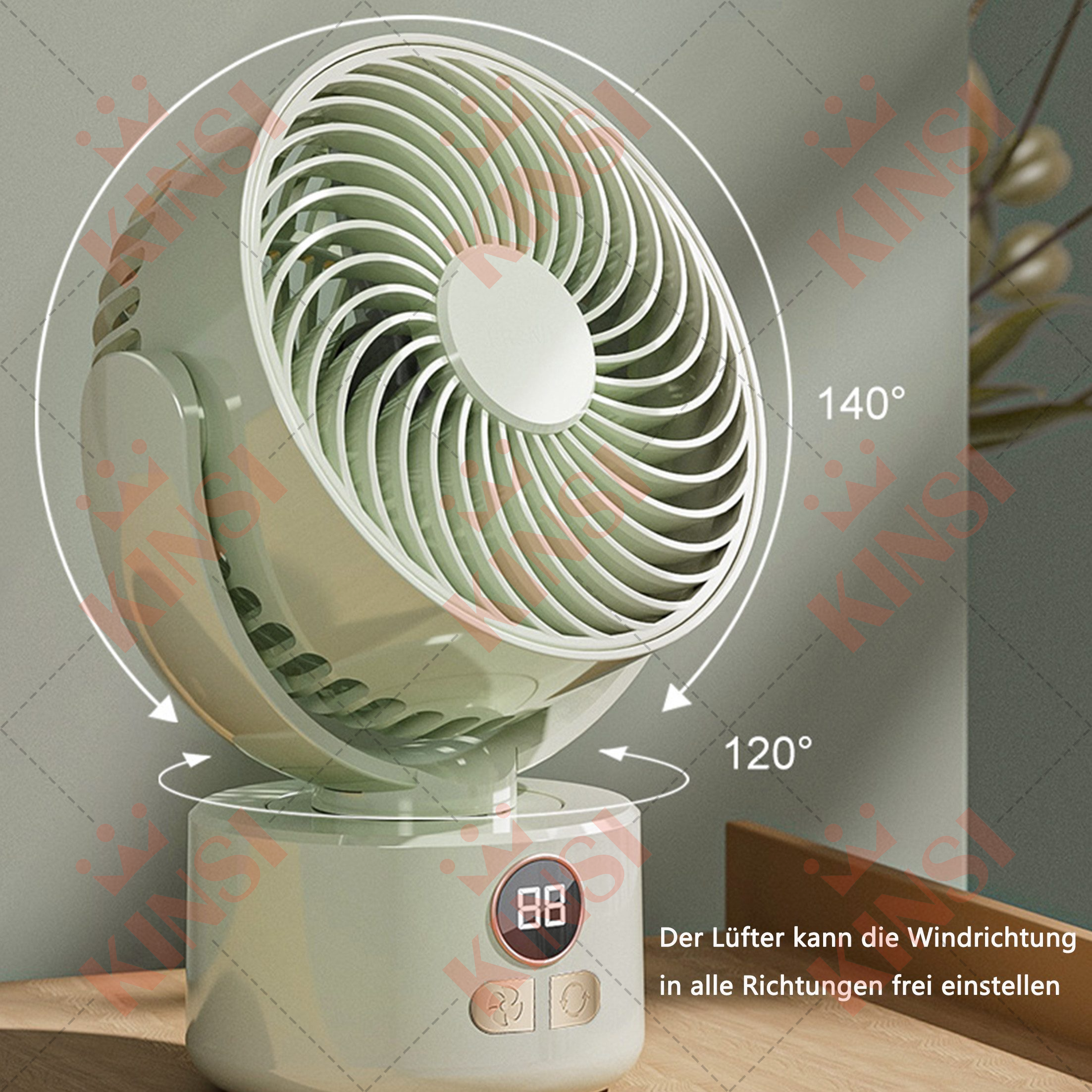 Ein hellgrüner Ventilator mit einstellbarer Windrichtung, mit Digitalanzeige.
