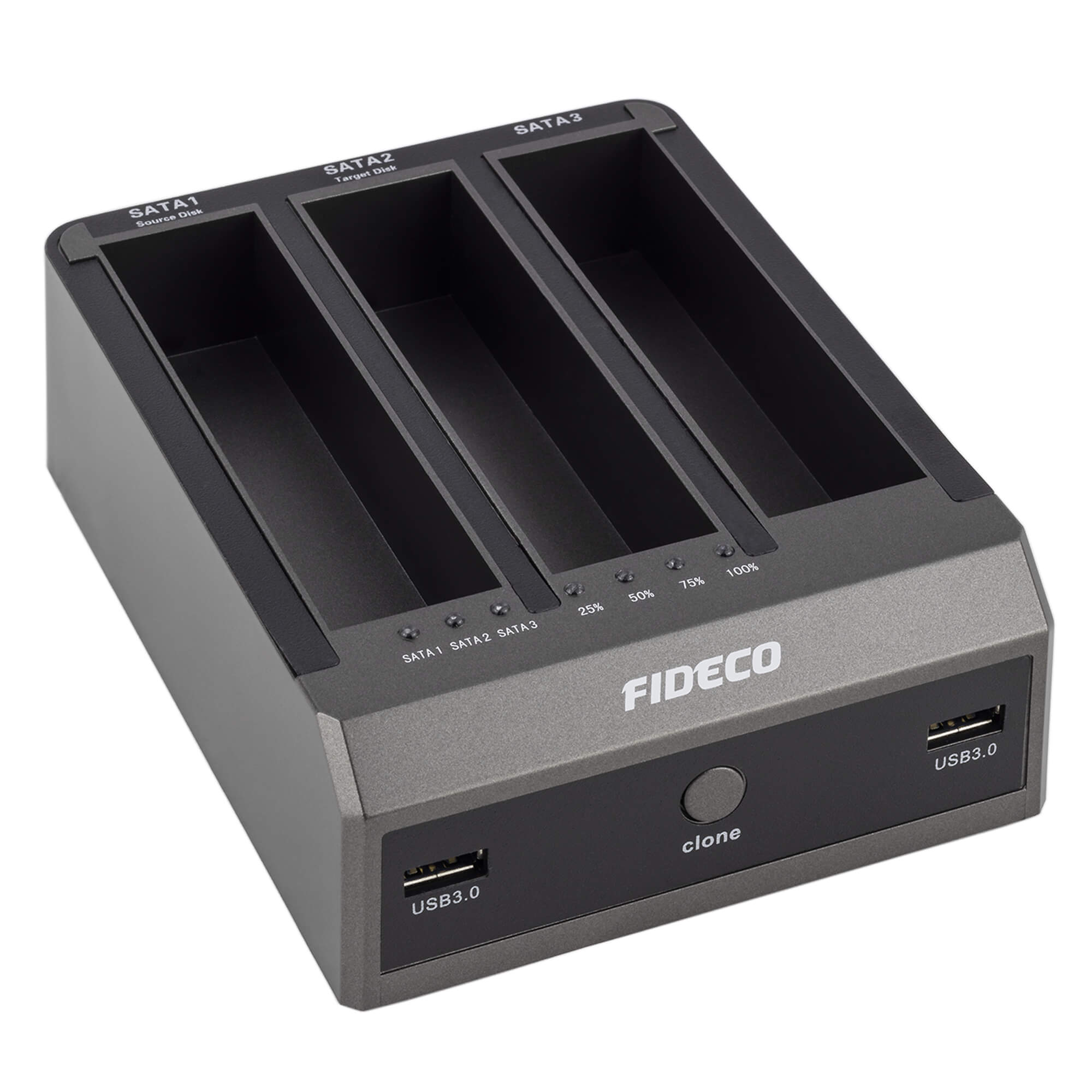 Ciemnoszara stacja dokująca do dysków twardych z trzema zatokami, portami USB i przyciskiem klonowania.