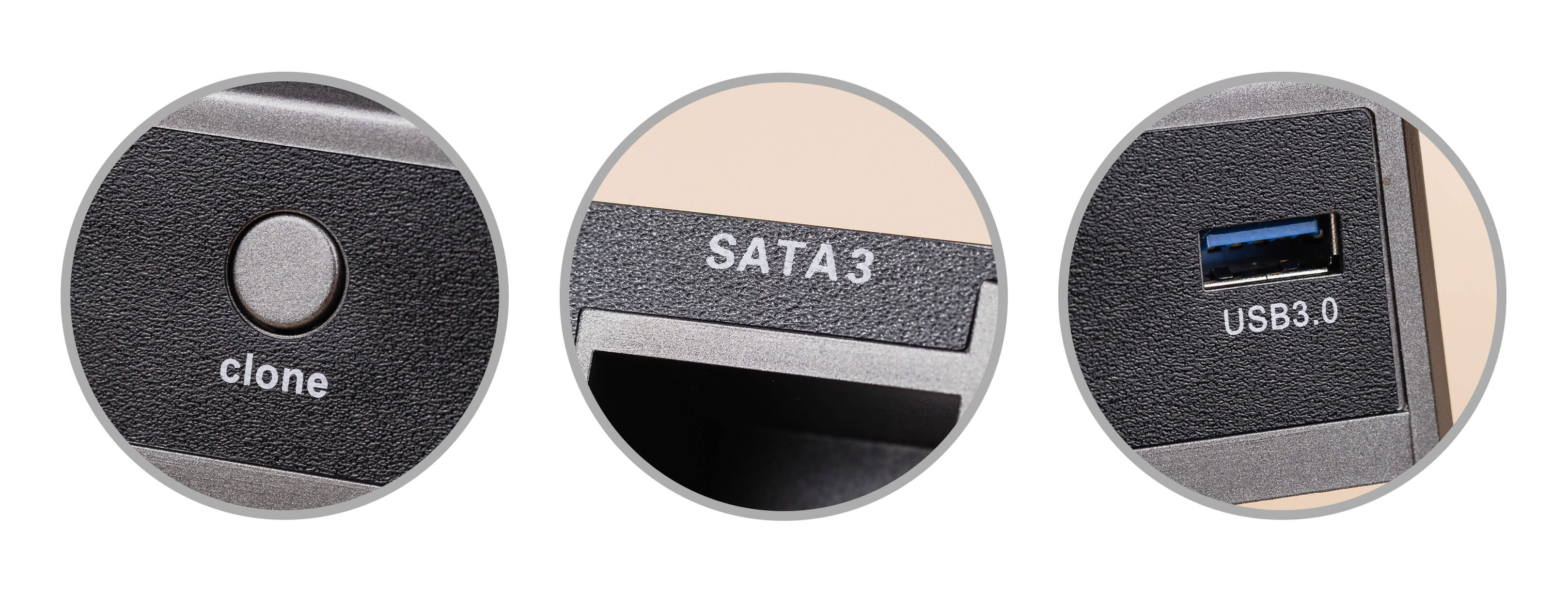 Zbliżenia urządzenia pokazujące etykiety clone, SATA3 i USB 3.0. Wszystkie są na szarych powierzchniach.