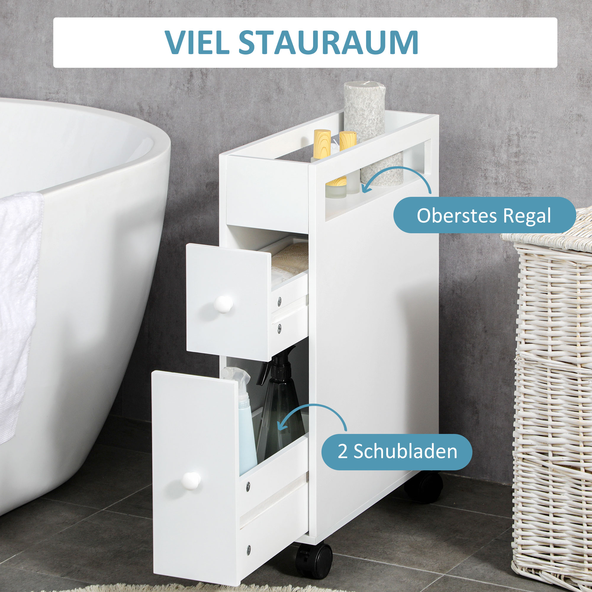Ein weißer Schrank mit Schubladen in einem Badezimmer. Die Schubladen sind geöffnet. Eine Badewanne im Hintergrund.