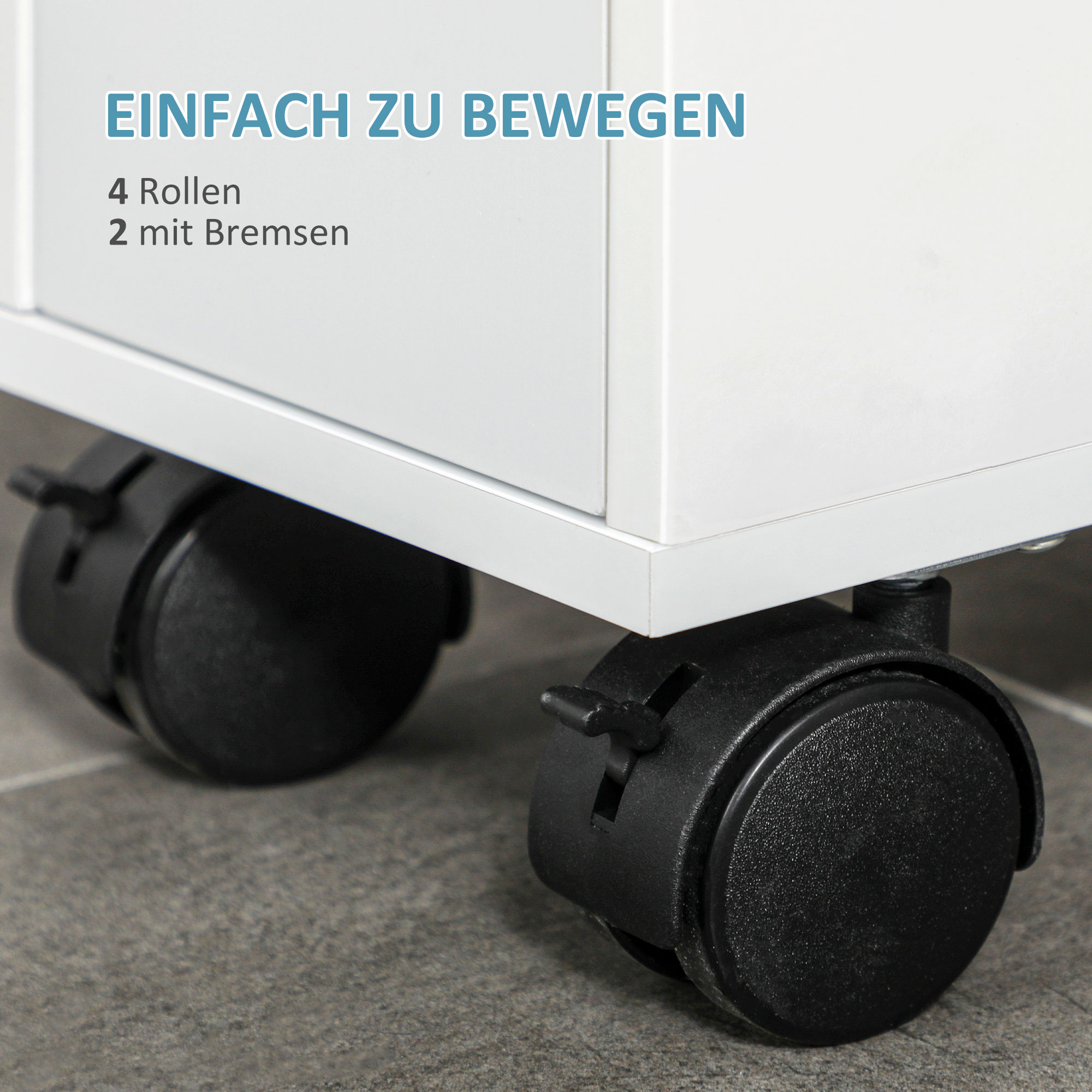 Weißer Schrank mit vier schwarzen Rädern, Text 'Einfach zu bewegen'.