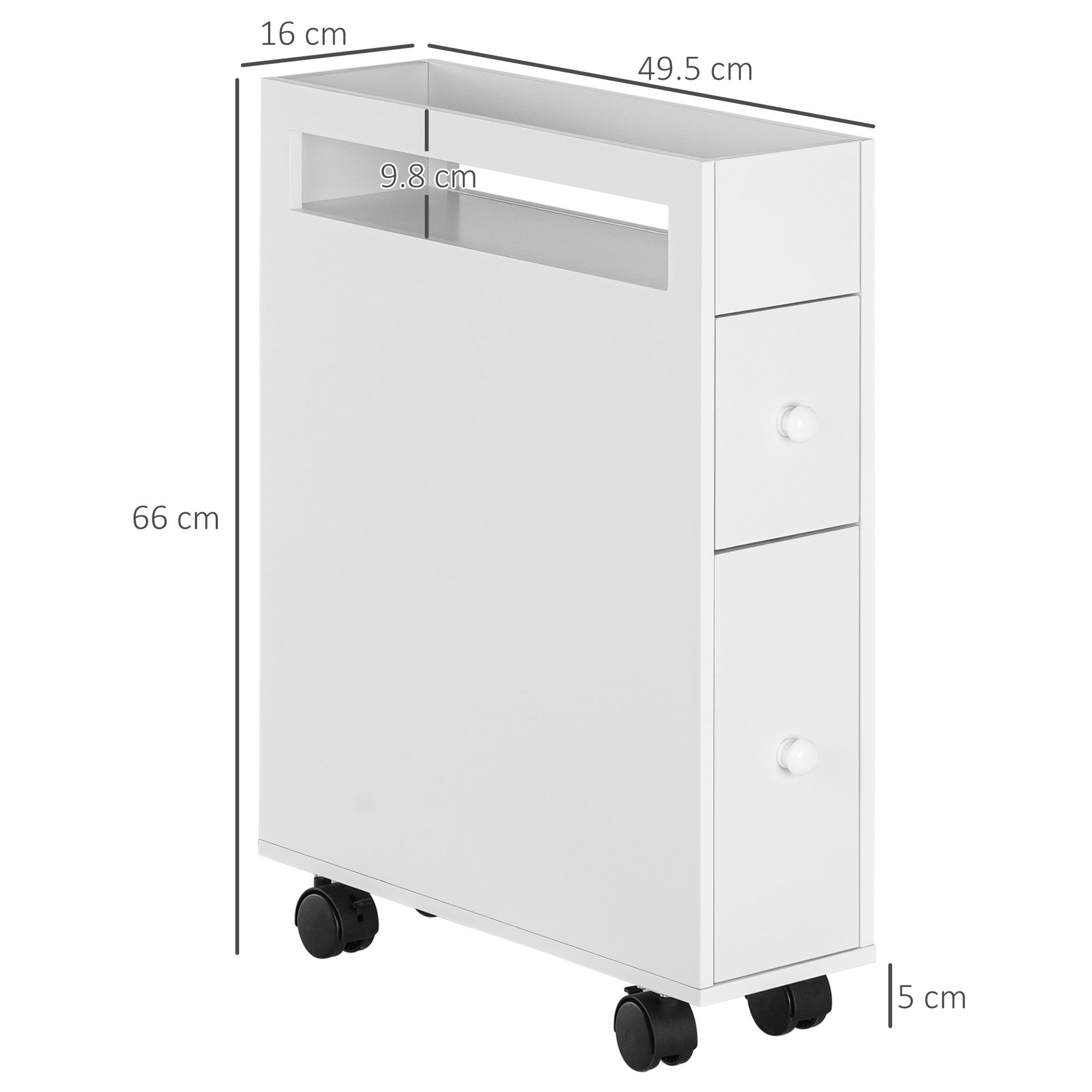 Ein weißer, schmaler, rollbarer Aufbewahrungswagen mit zwei Schubladen und einem Ausschnitt.