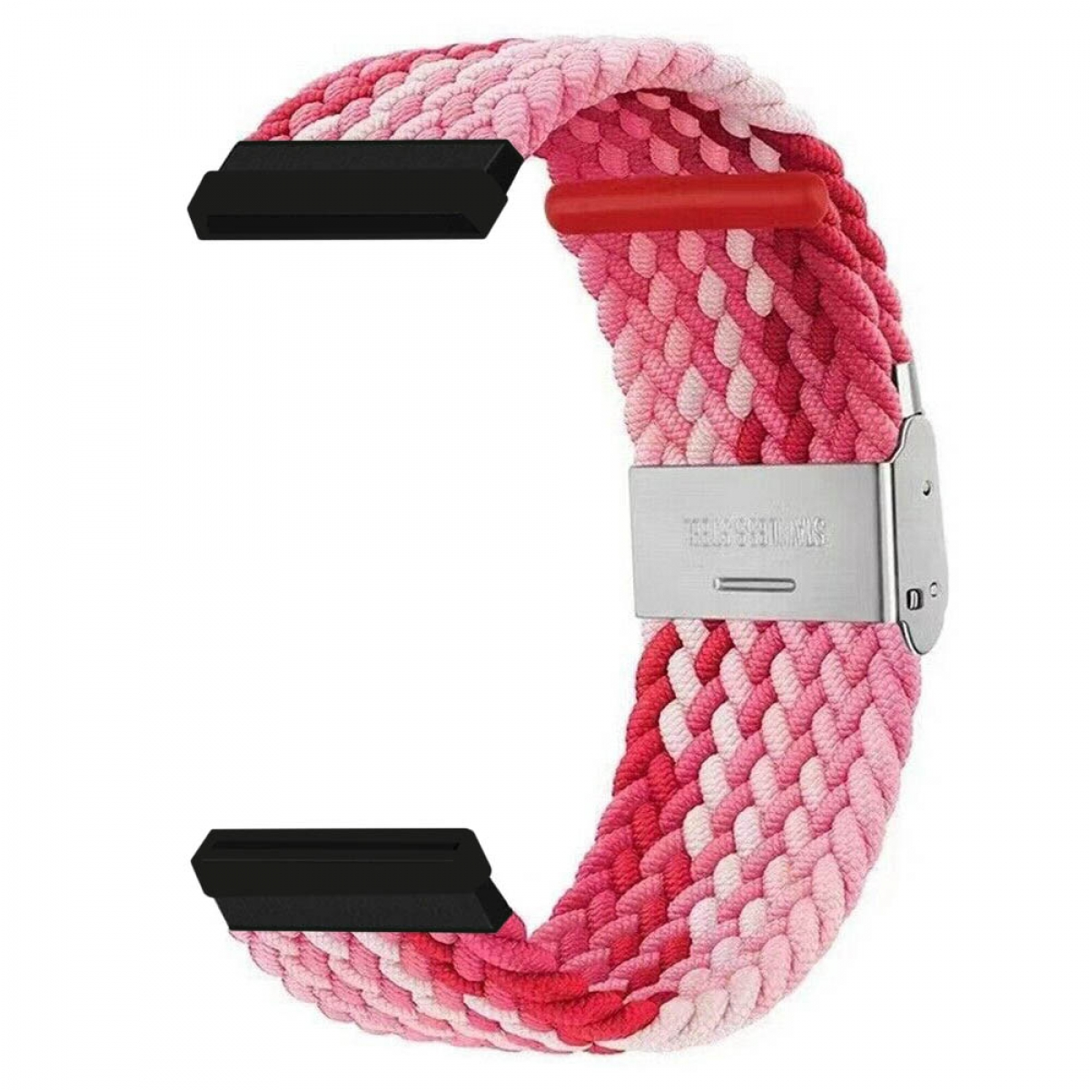 Ein geflochtenes rosa-rotes Uhrenarmband mit Edelstahlschnalle und schwarzen Anschlüssen.