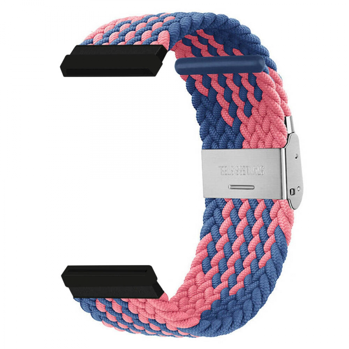 Geflochtenes blau-rosa Uhrenarmband. Edelstahlschnalle auf weißem Hintergrund.