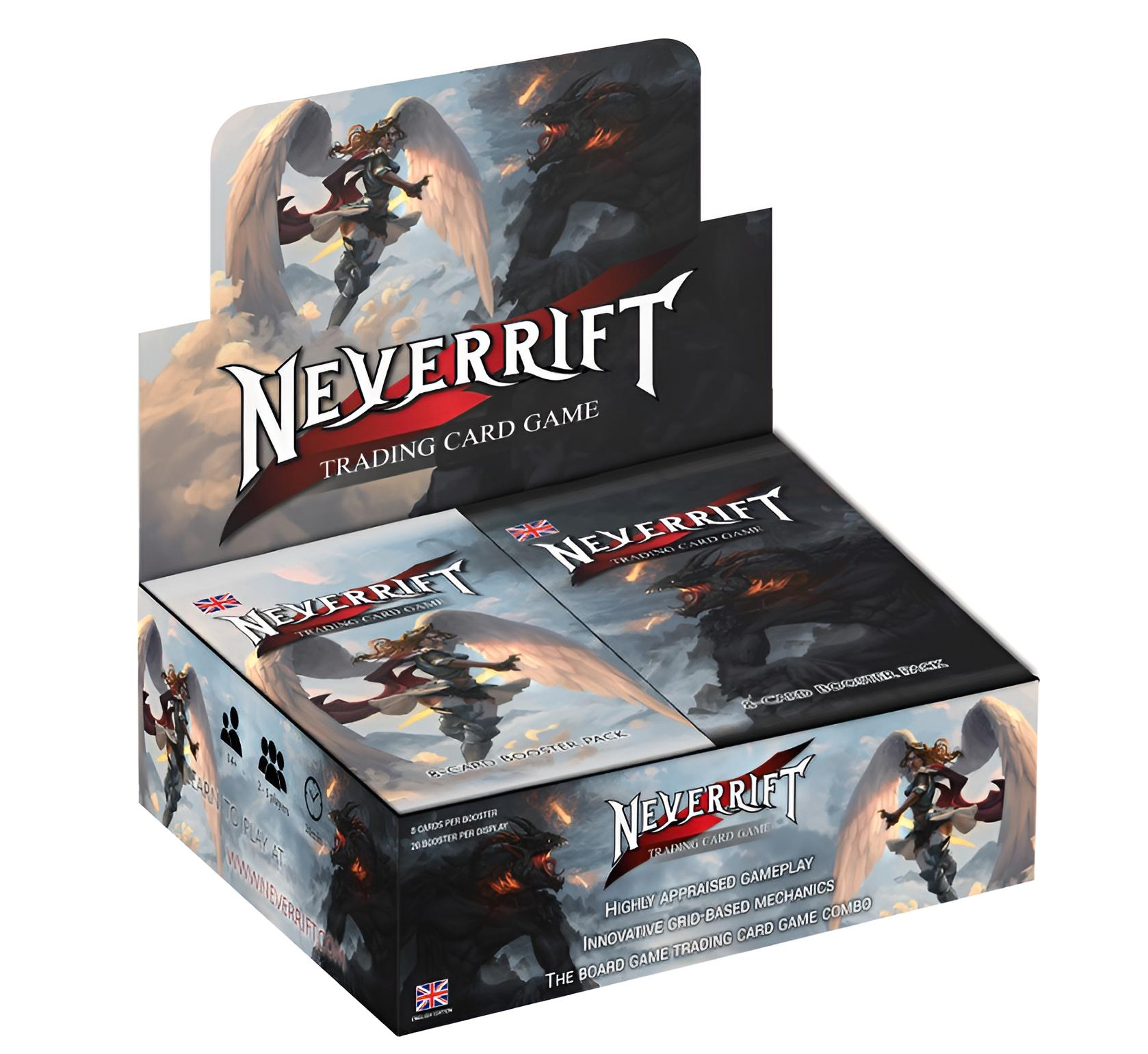 Box mit Neverrift Trading Card Game Booster Packs und Display.