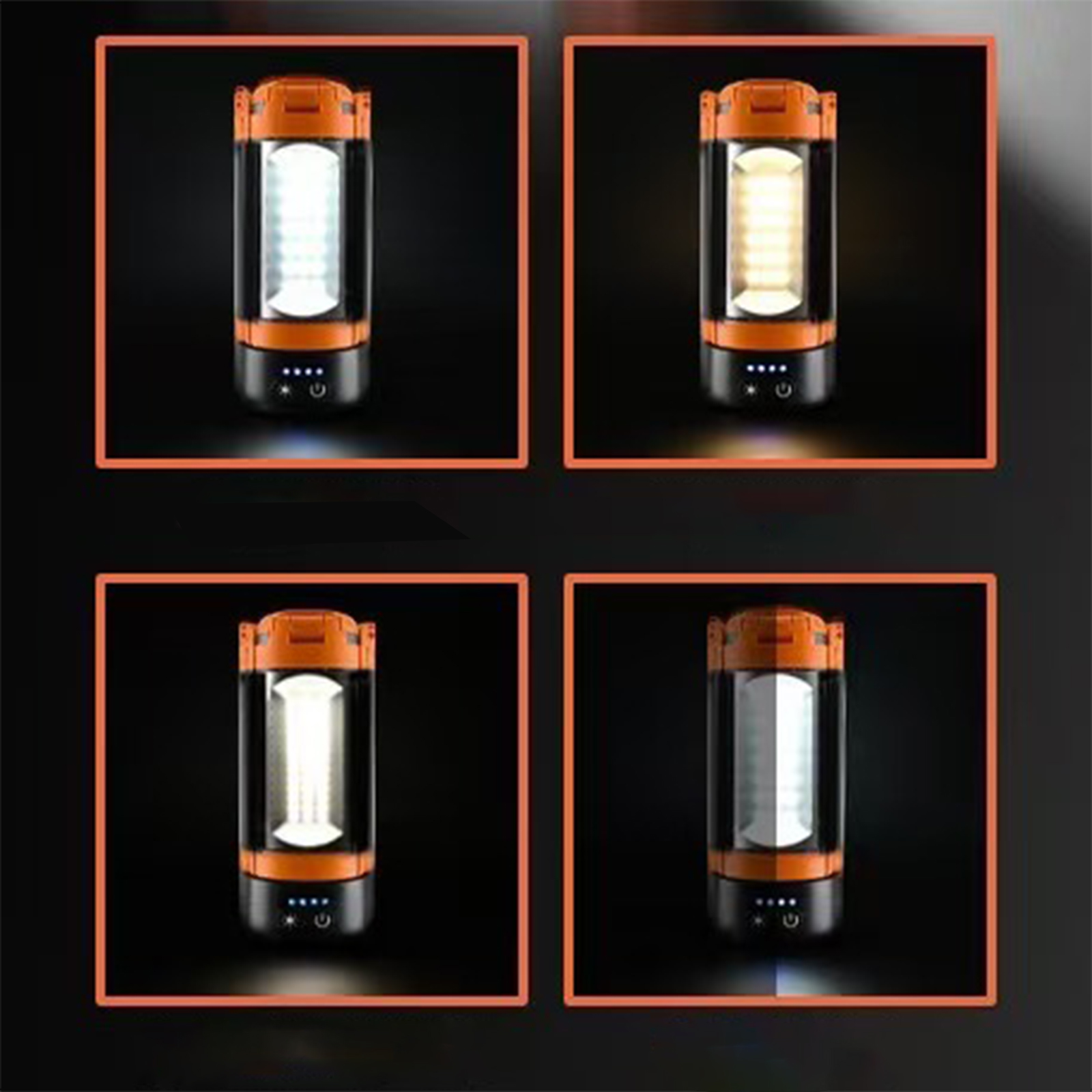 Vier Bilder einer Laterne mit verschiedenen Lichteinstellungen. Die Laterne ist orange und schwarz.