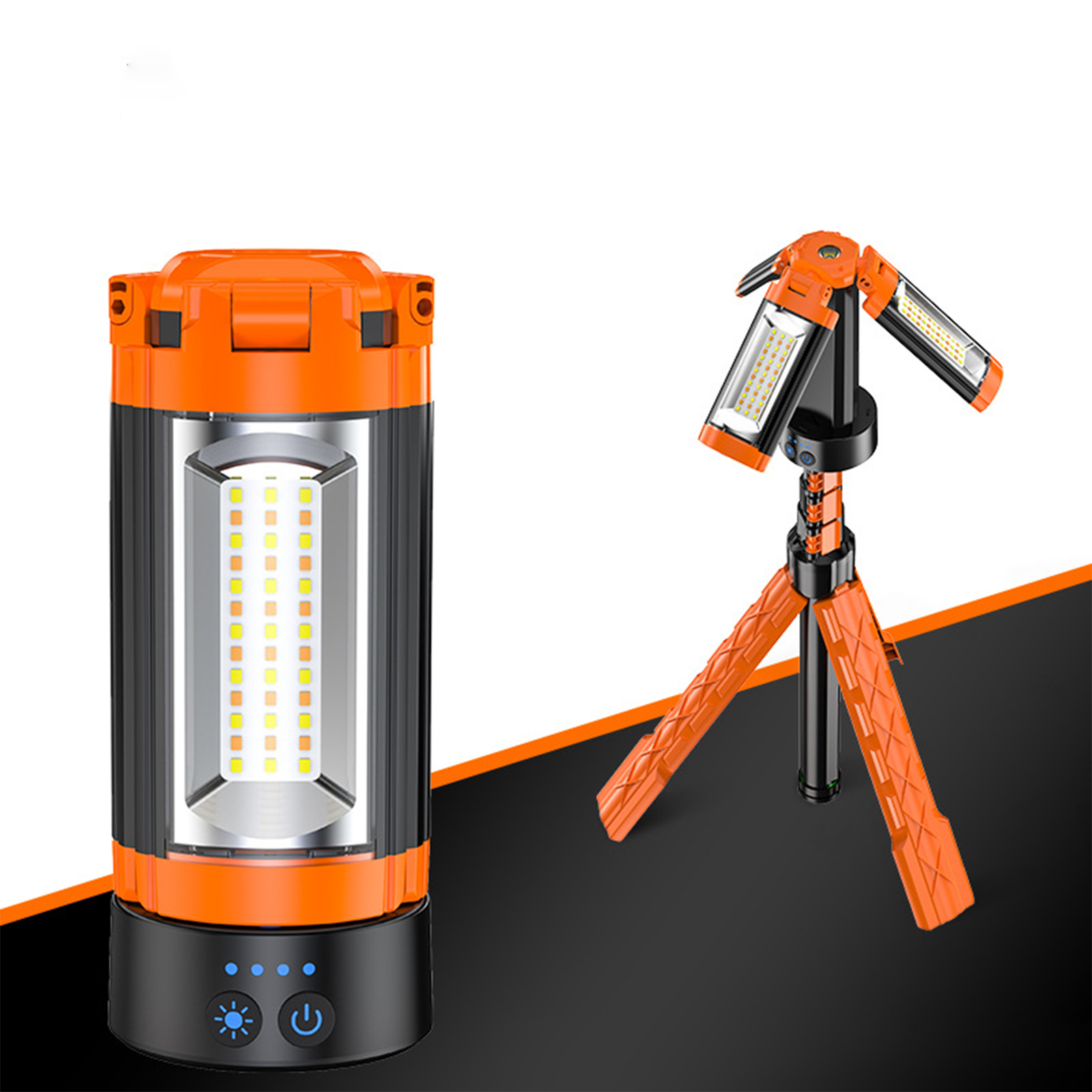 Orange Arbeitsleuchte mit Stativ und separater Leuchteinheit. Schwarze Basis.