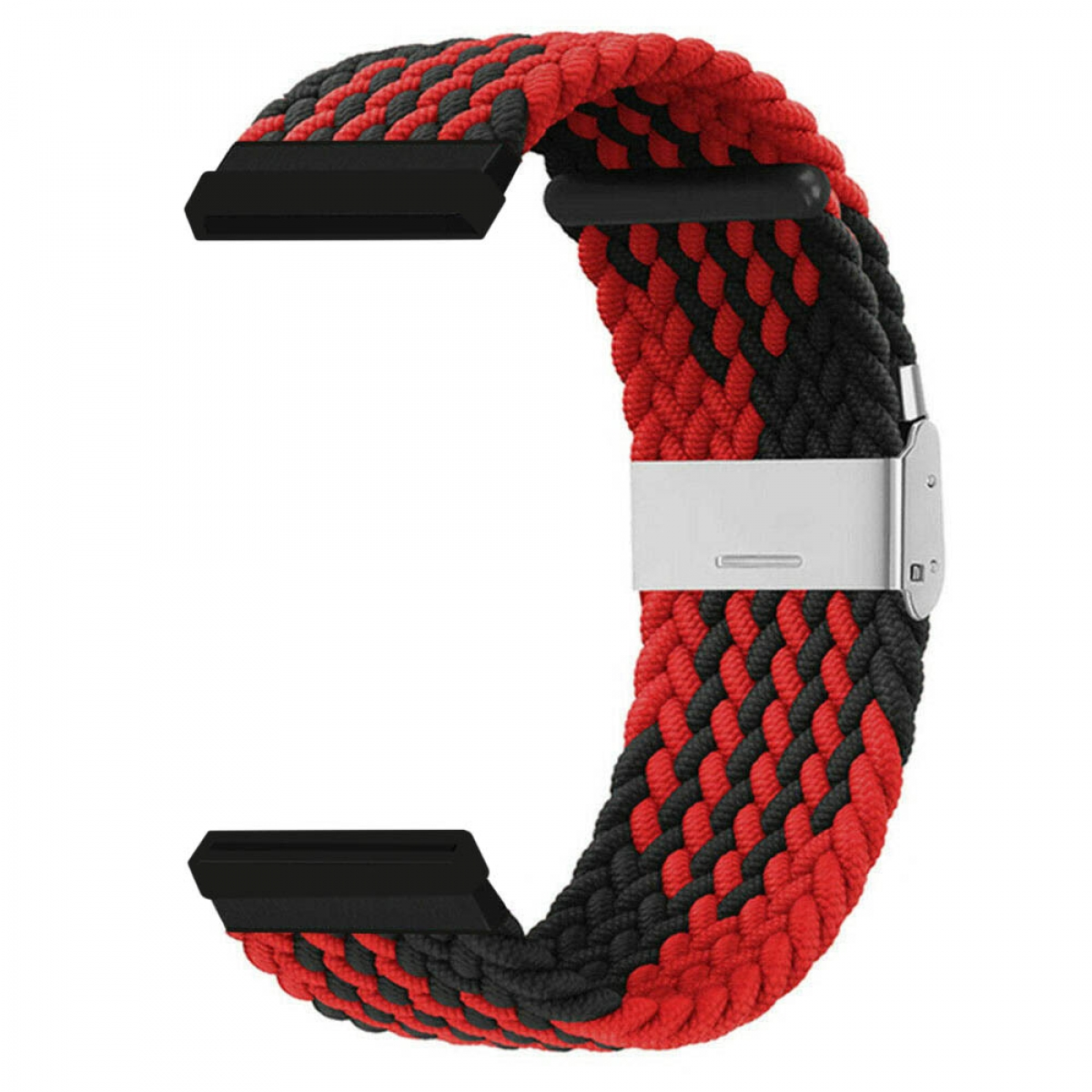 Rotes und schwarzes Uhrenarmband. Das Armband ist geflochten und hat einen Verschluss aus Edelstahl.