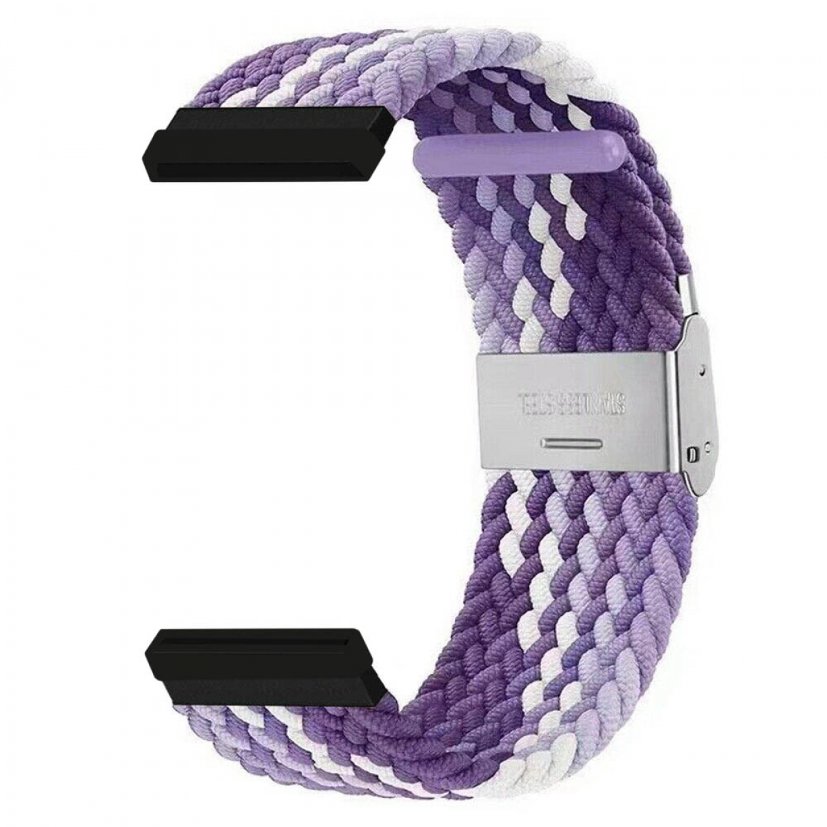 Lila und weiß geflochtenes Uhrenarmband mit Edelstahlverschluss.