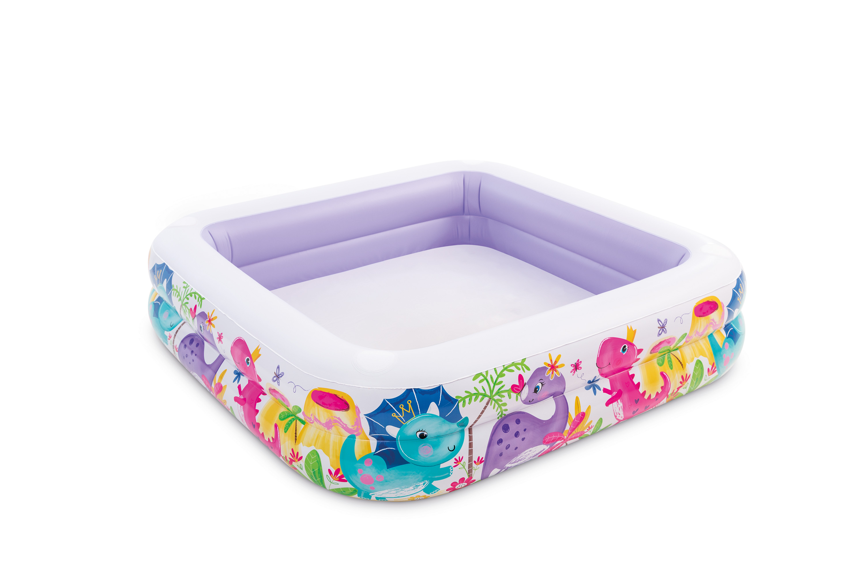 Ein quadratischer aufblasbarer Pool mit Dinosaurier-Illustrationen auf weißem Hintergrund.