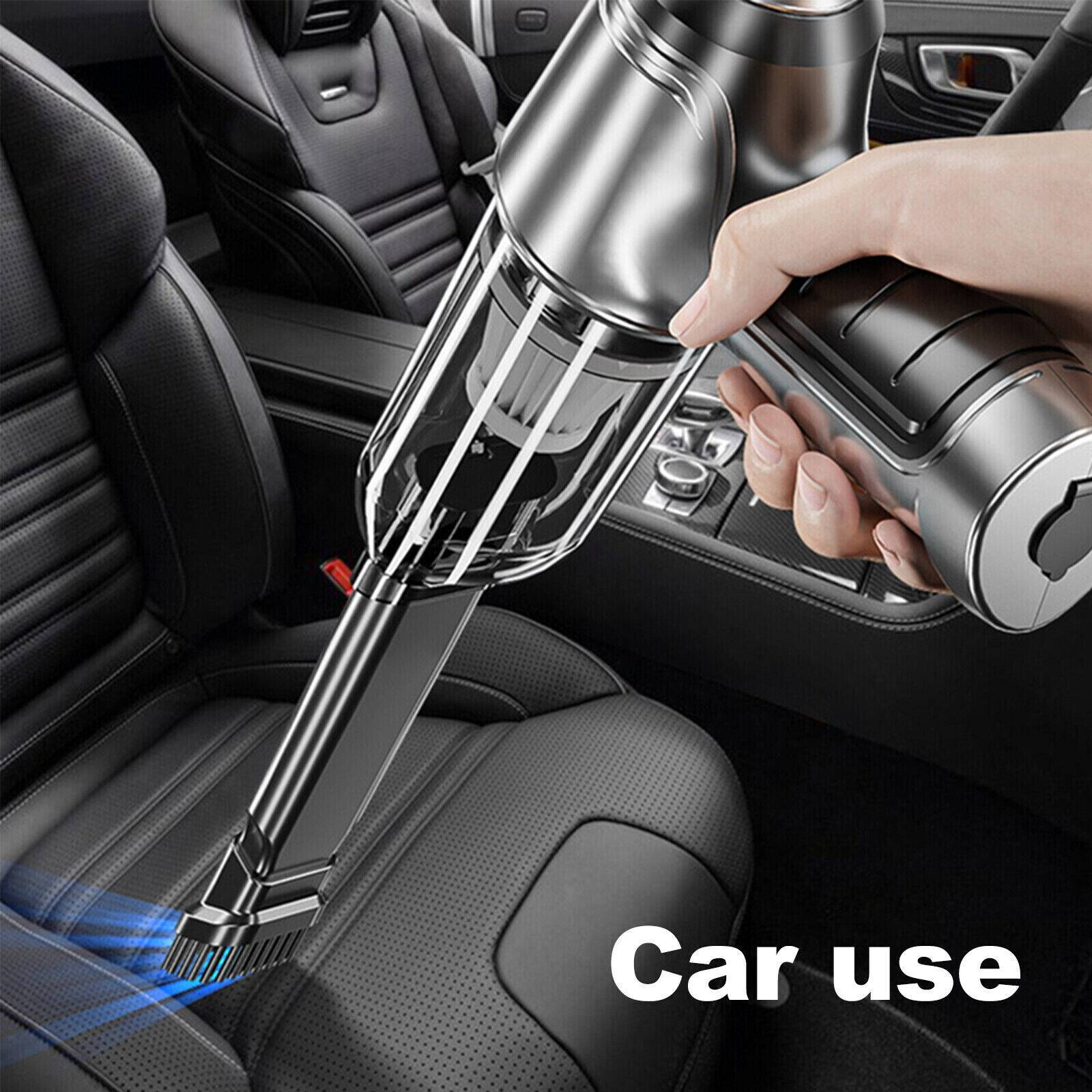 Ein Handstaubsauger, der einen Innenraum eines Autos reinigt, mit dem Wort Car use.