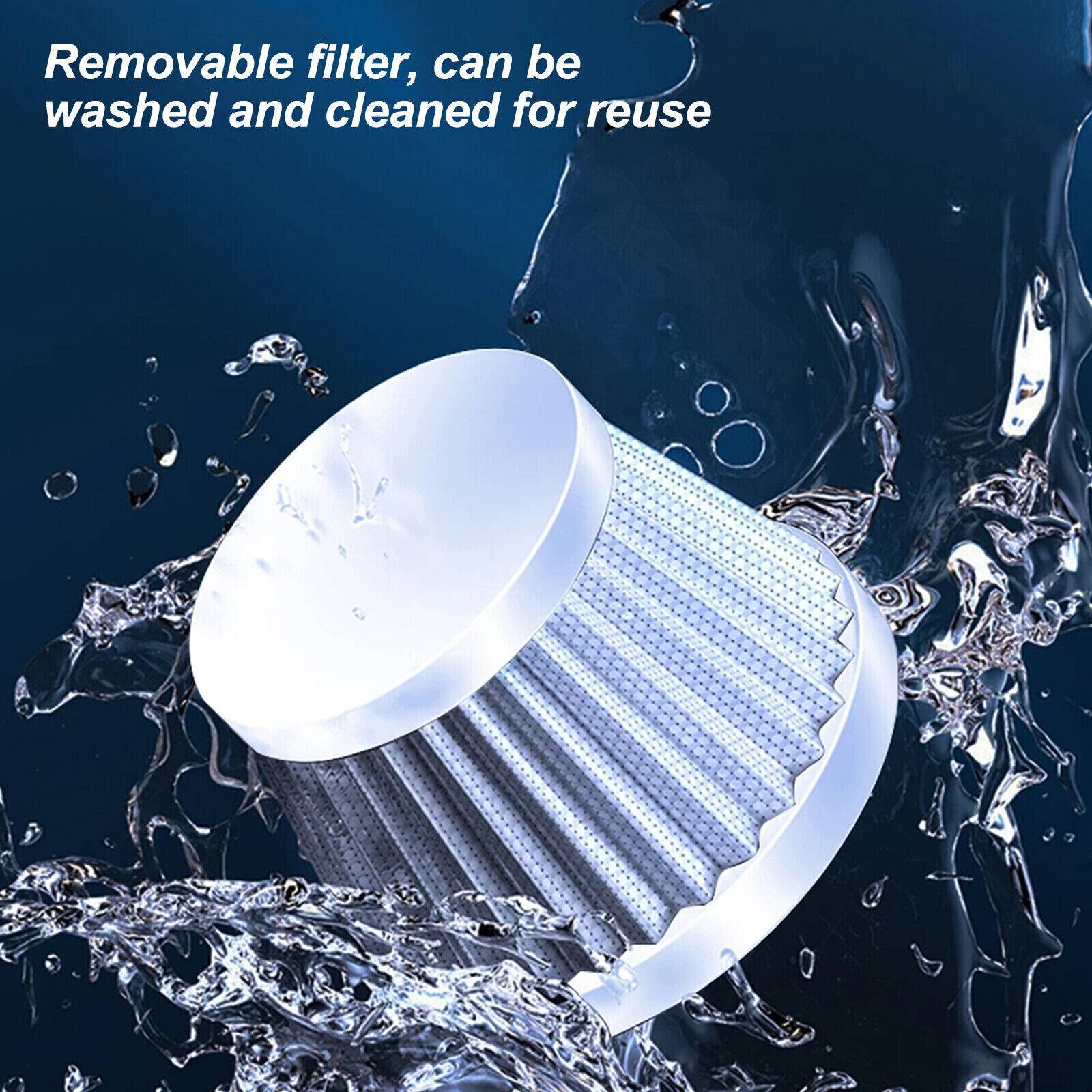Klarer Filter unter Wasser, Text zeigt, dass er entfernbar, waschbar und wiederverwendbar ist.