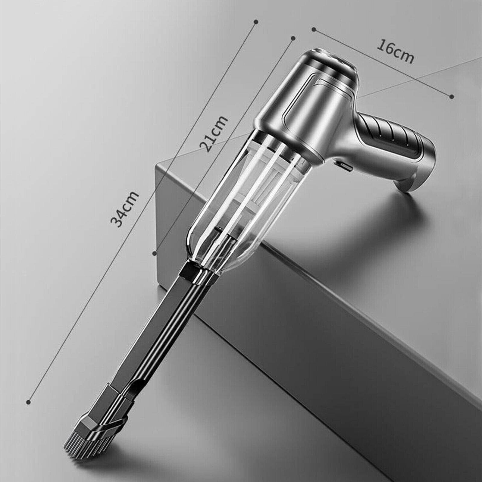 Silberner Handstaubsauger mit Abmessungen. Mit langer Düse und Bürste gezeigt.