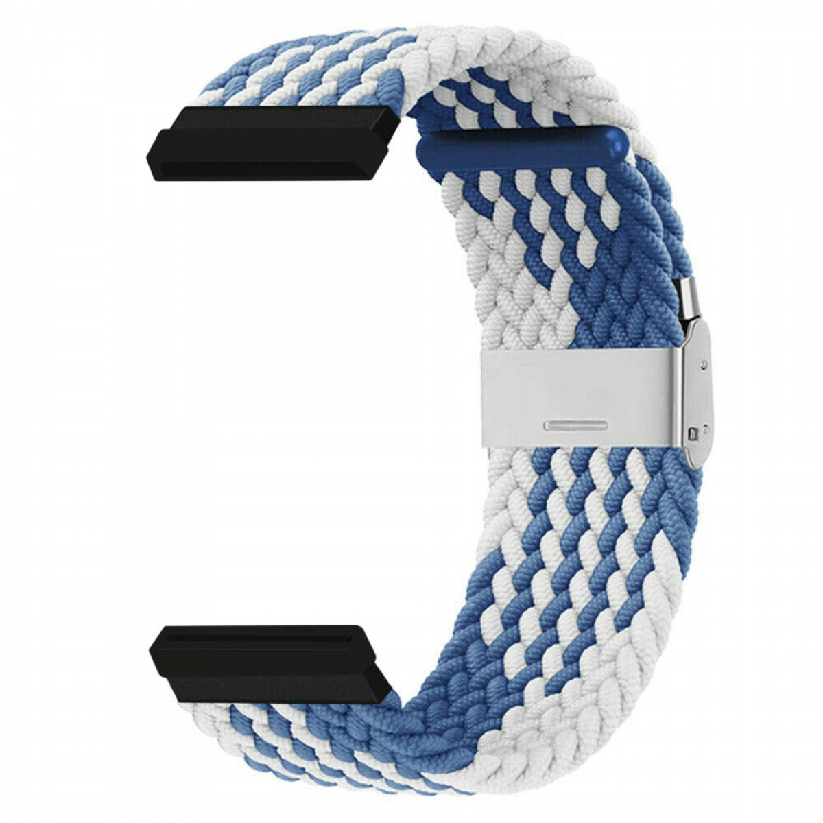 Geflochtenes Uhrenarmband, blau-weißes Muster. Silberner Verschluss. Schwarze Anschlüsse an beiden Enden.