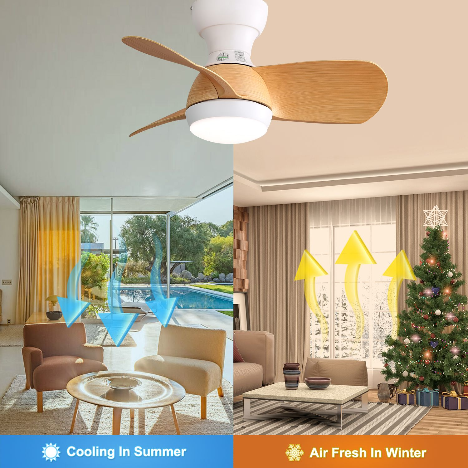 Deckenventilator mit Holzblättern. Bilder zeigen Kühlung im Sommer & Luftreinheit im Winter.
