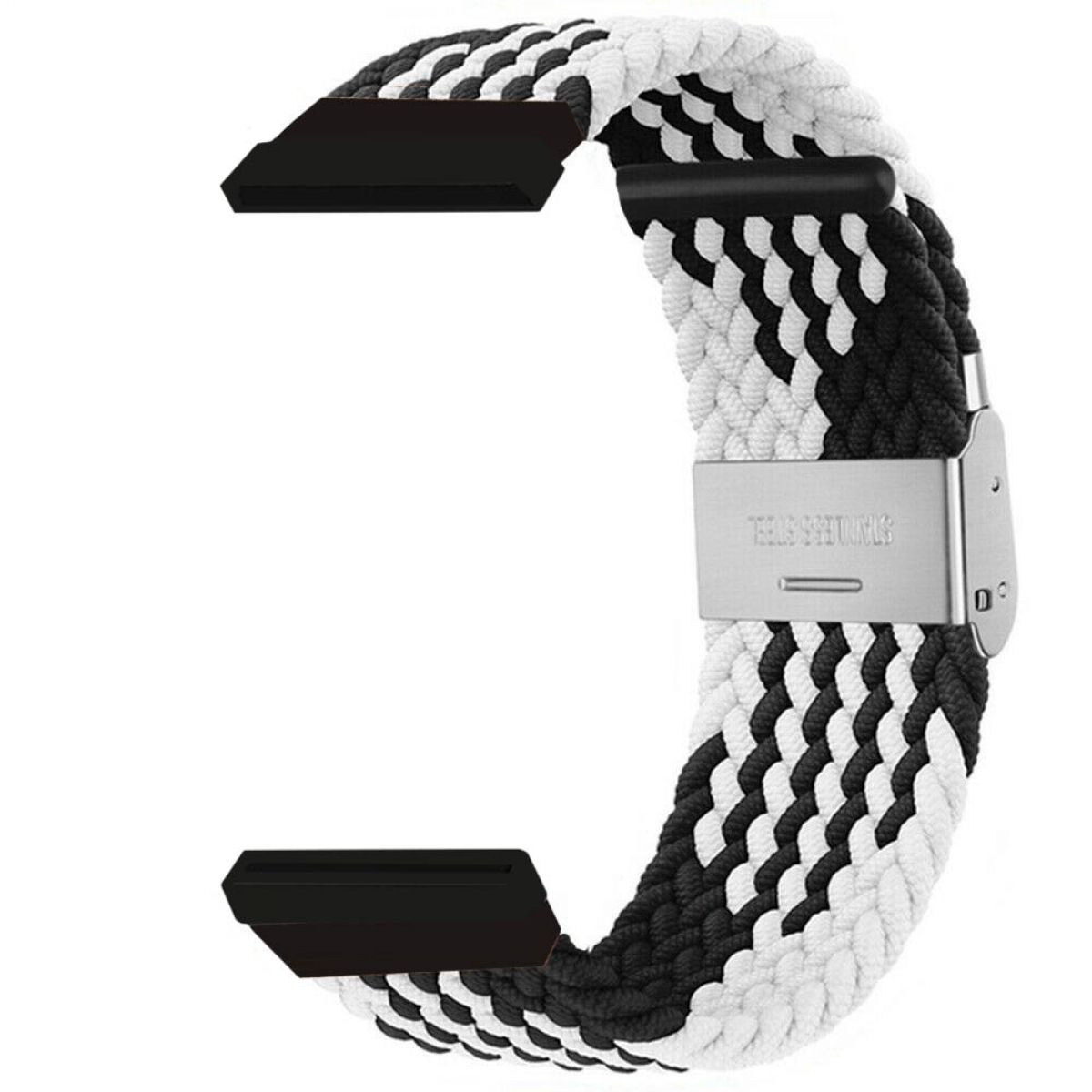 Schwarz-weiß geflochtenes Uhrenarmband mit Edelstahlverschluss auf weißem Hintergrund.