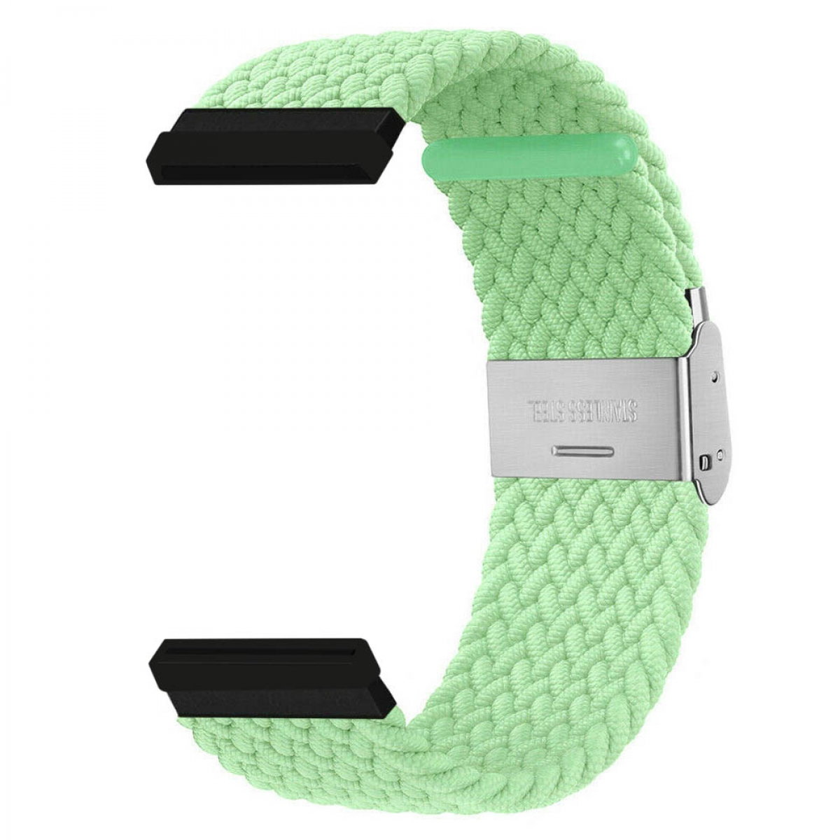 Minzgrünes, geflochtenes Uhrenarmband mit silbernem Verschluss und schwarzen Anschlüssen.
