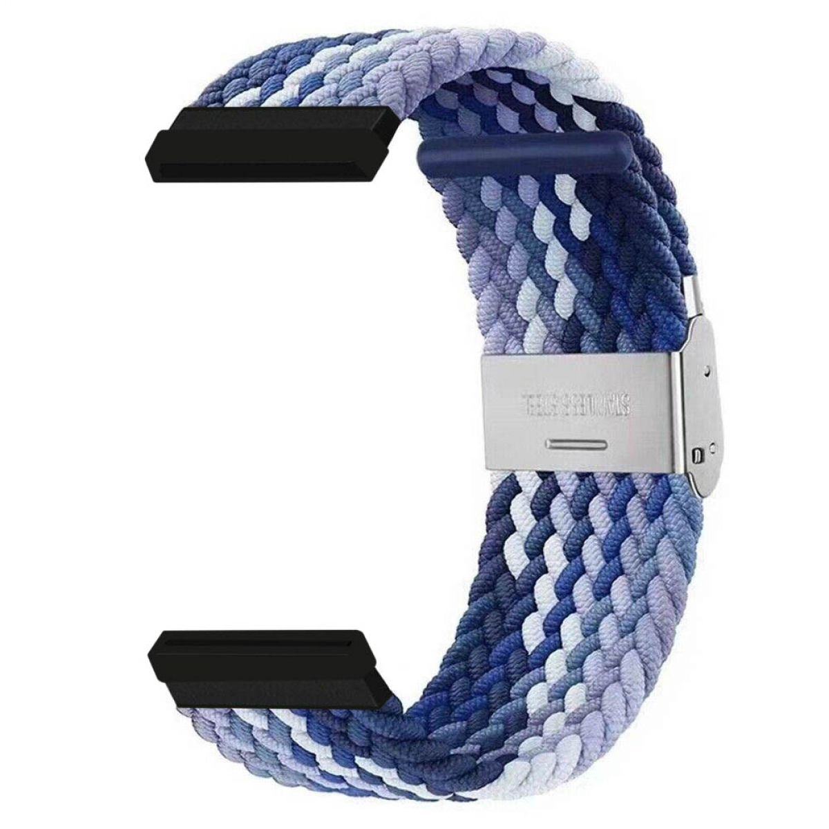 Geflochtenes Uhrenarmband in Blautönen mit Edelstahlschließe und schwarzen Verbindern.