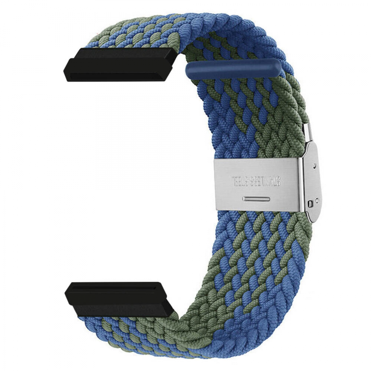 Geflochtenes blau-grünes Smartwatch-Armband. Edelstahlverschluss. Schwarze Anschlüsse.