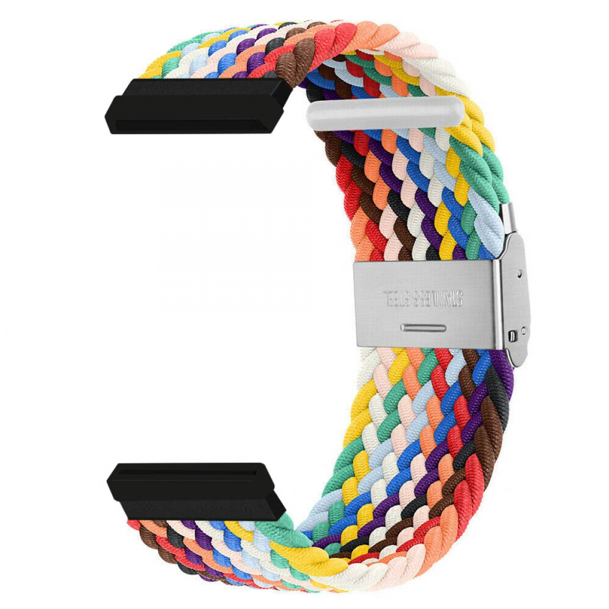 Mehrfarbig geflochtenes Uhrenarmband mit Edelstahlverschluss.