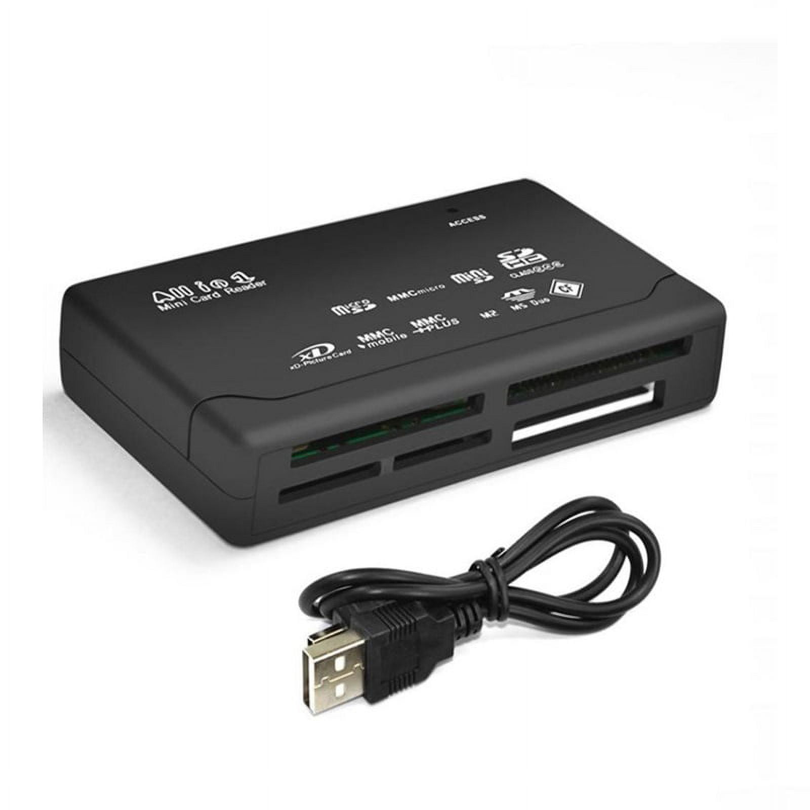 Schwarzer Mini-Kartenleser mit mehreren Steckplätzen und einem USB-Anschluss. Weißer Hintergrund.