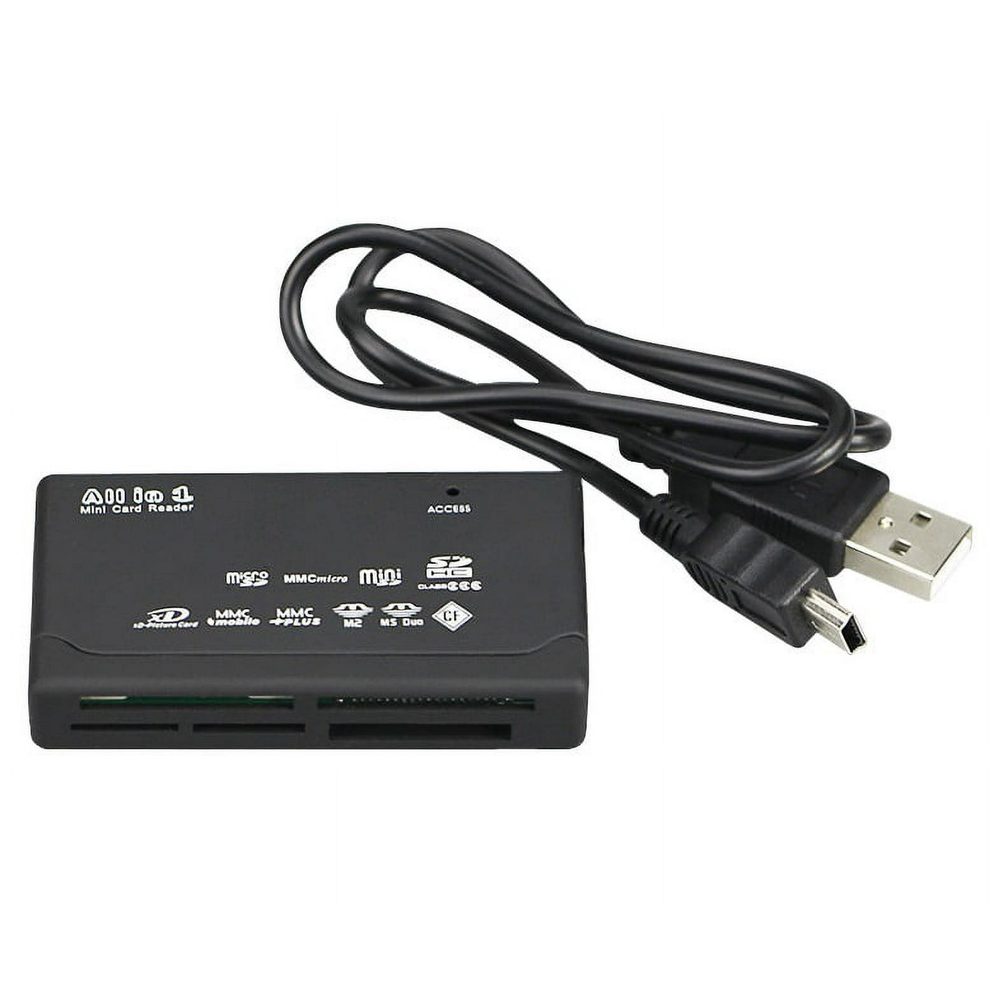 Ein schwarzer Mini-Kartenleser mit USB-Kabel. Es hat mehrere Kartensteckplätze.