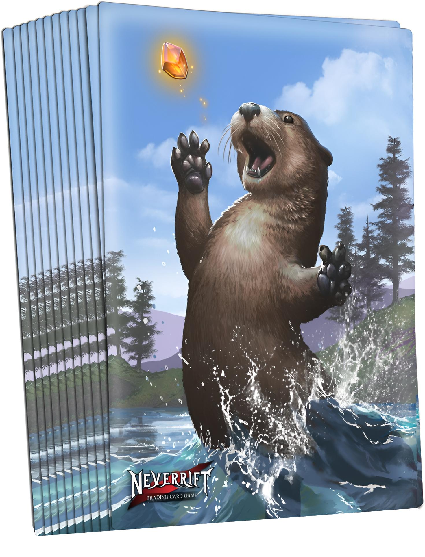 Otter greift nach einem Edelstein über dem Wasser. Das Bild hat Sammelkartenhüllen im Hintergrund.