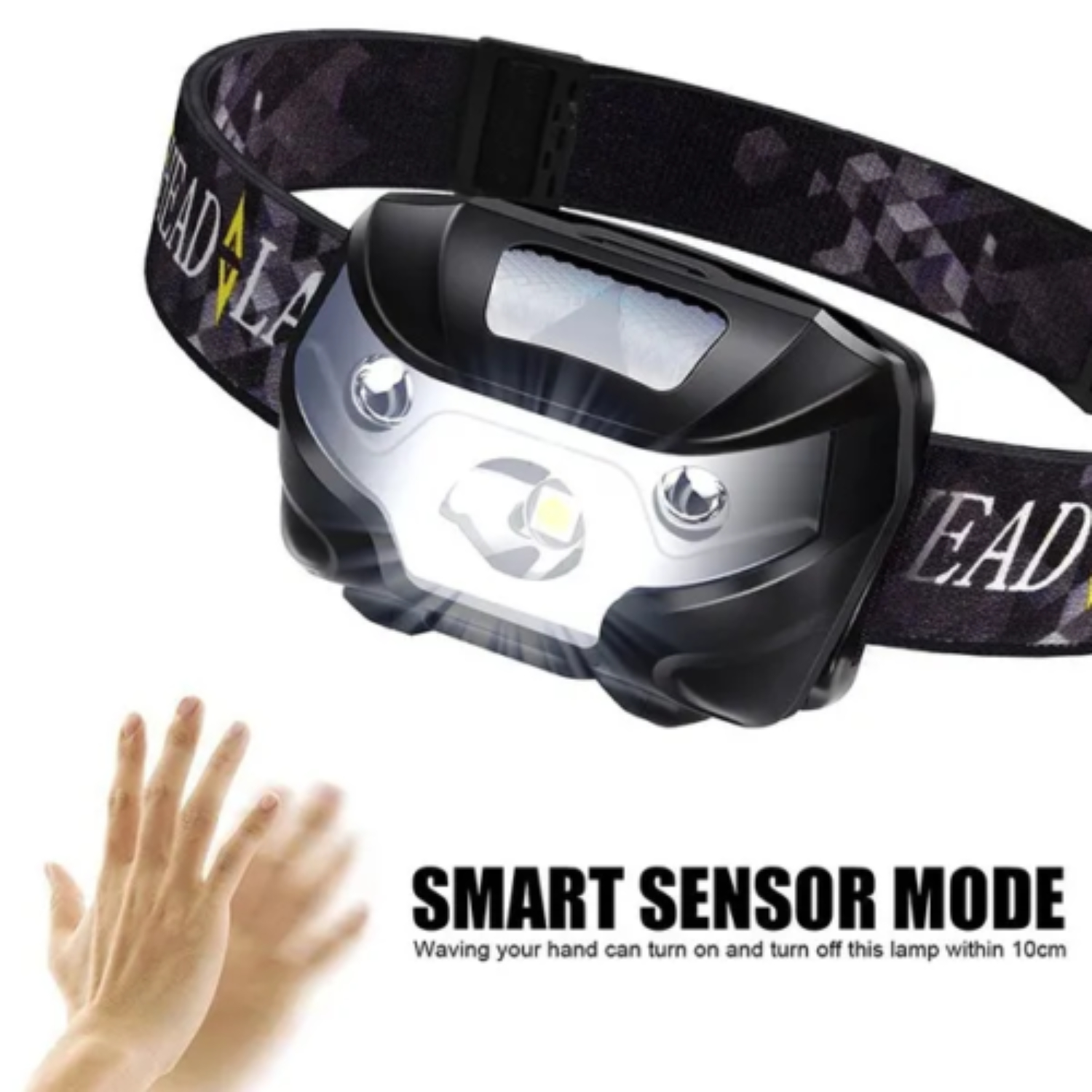 Stirnlampe mit schwarzem und silbernem Band. Verfügt über LED-Leuchten und einen intelligenten Sensor.